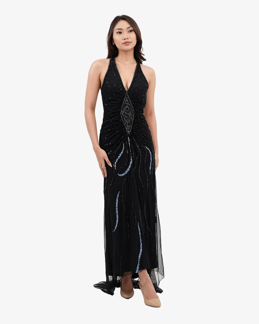 Soleil Beaded Halter Maxi Dress – Black