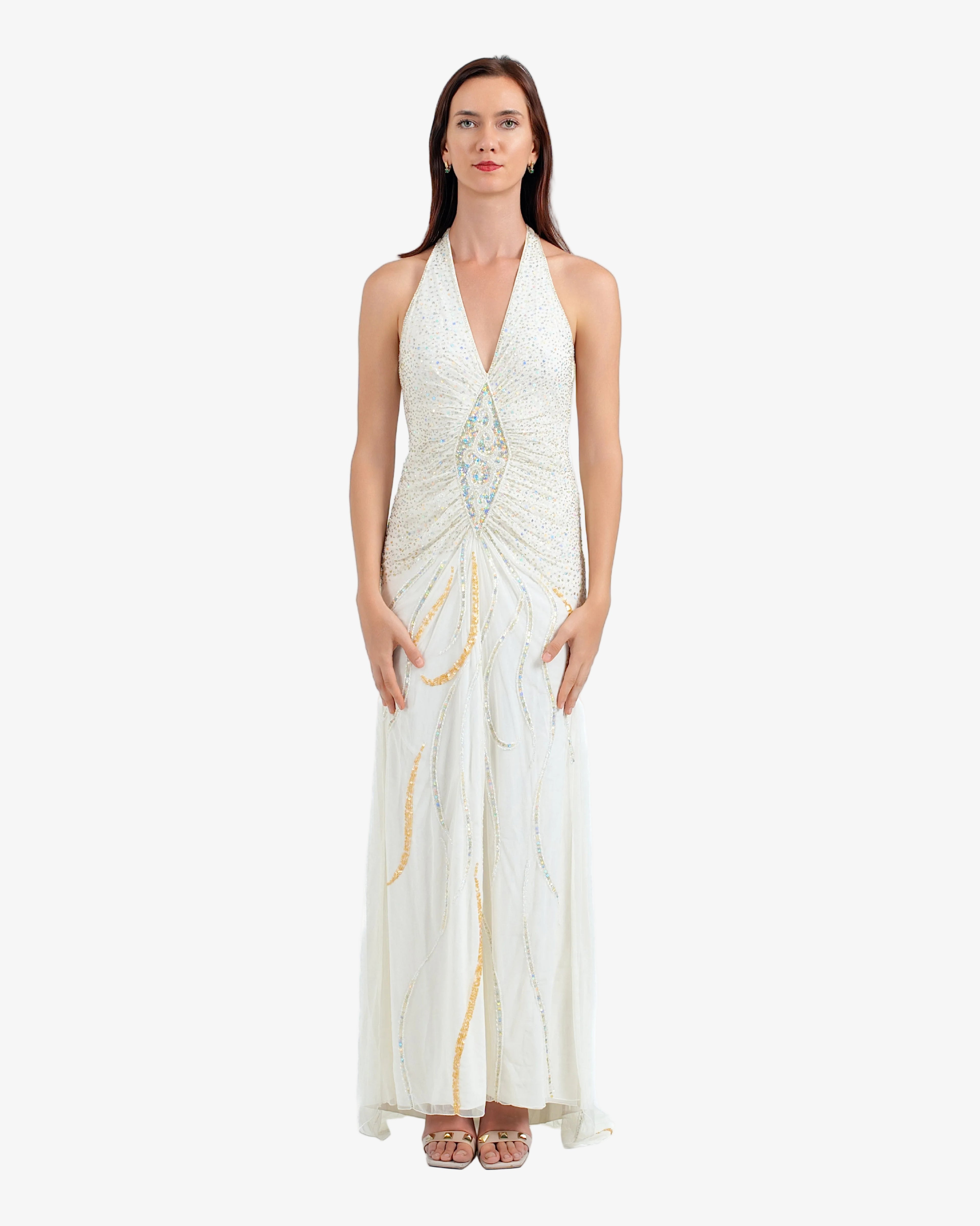 Soleil Beaded Halter Maxi Dress – Cream