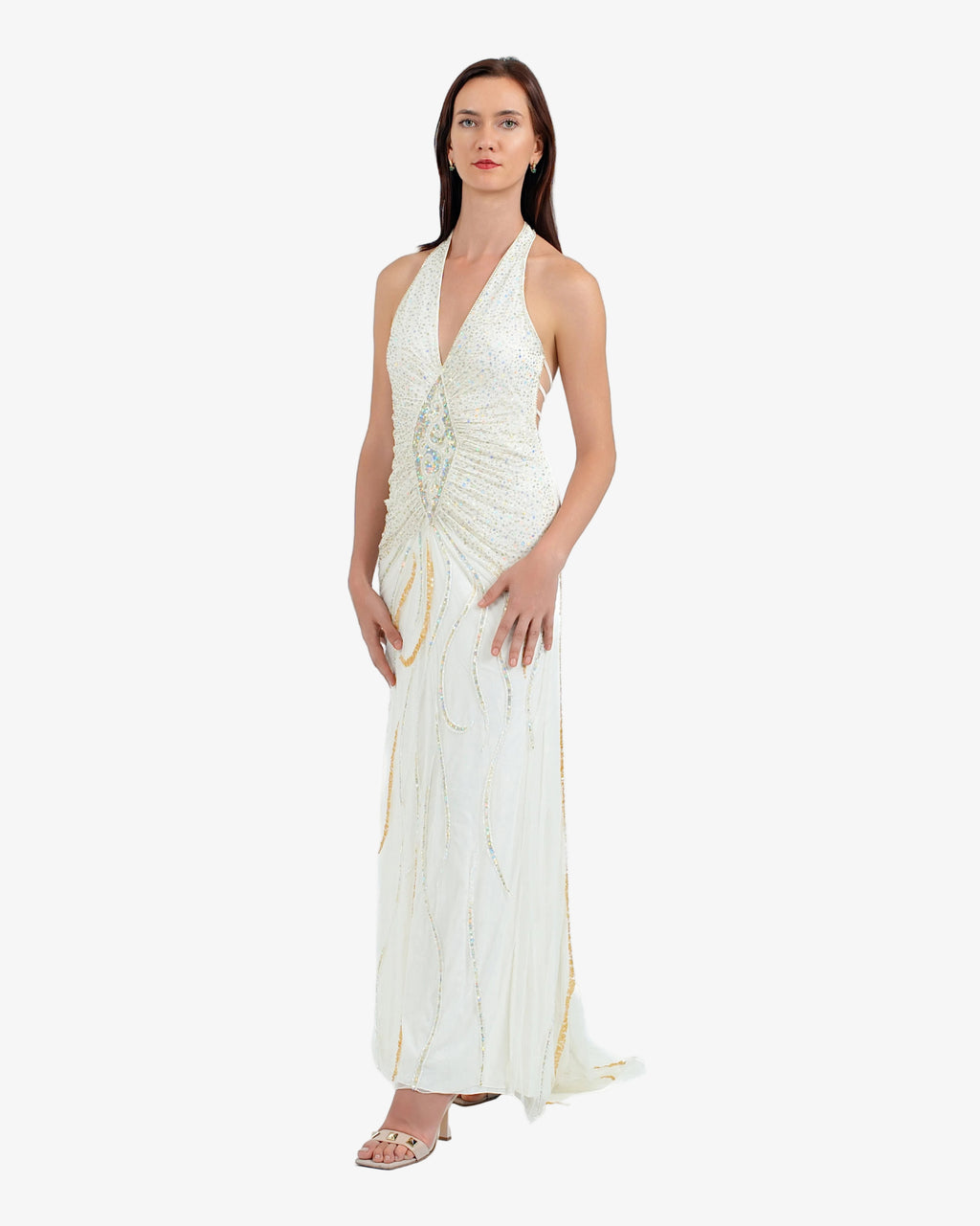 Soleil Beaded Halter Maxi Dress – Cream