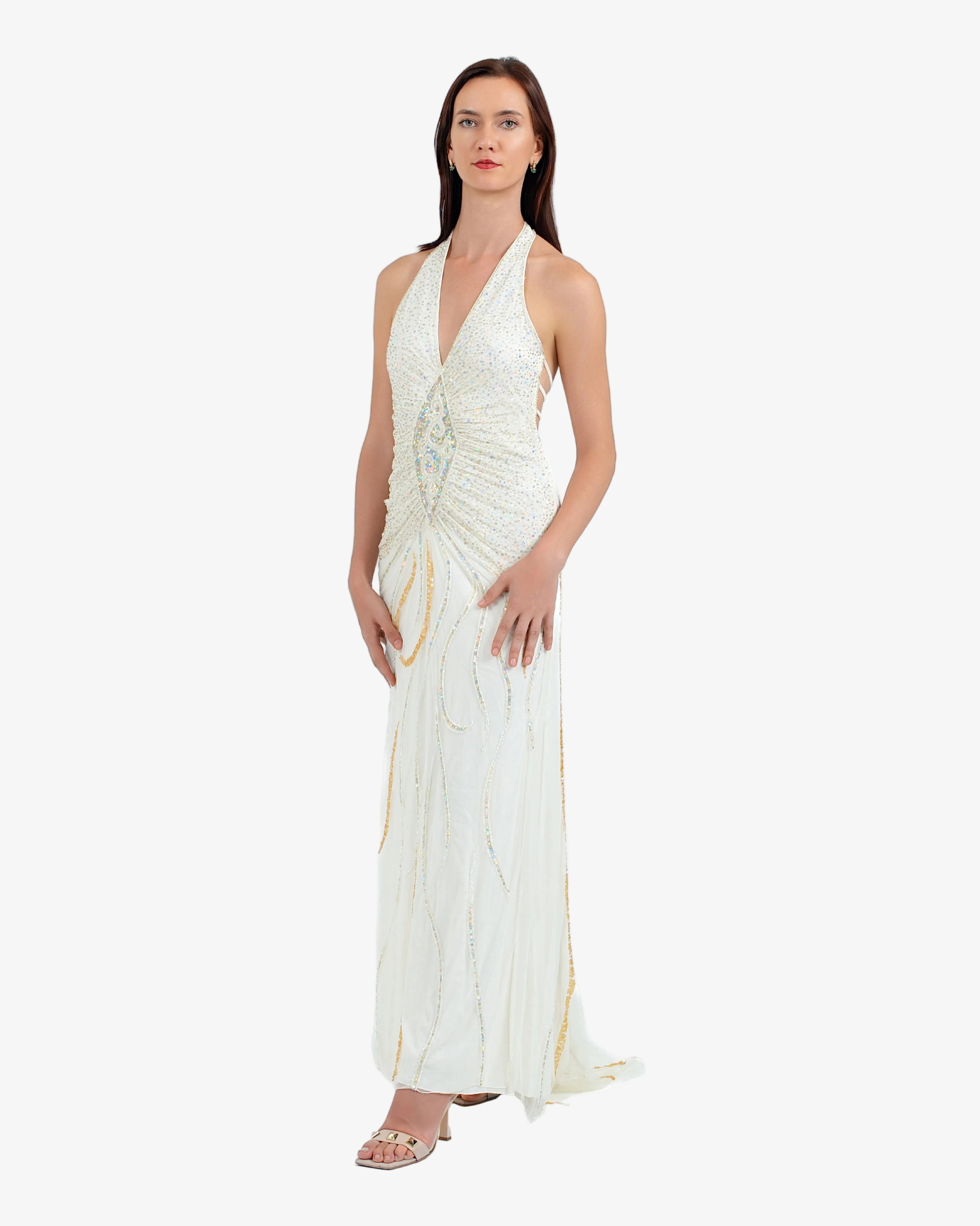 Soleil Beaded Halter Maxi Dress – Cream