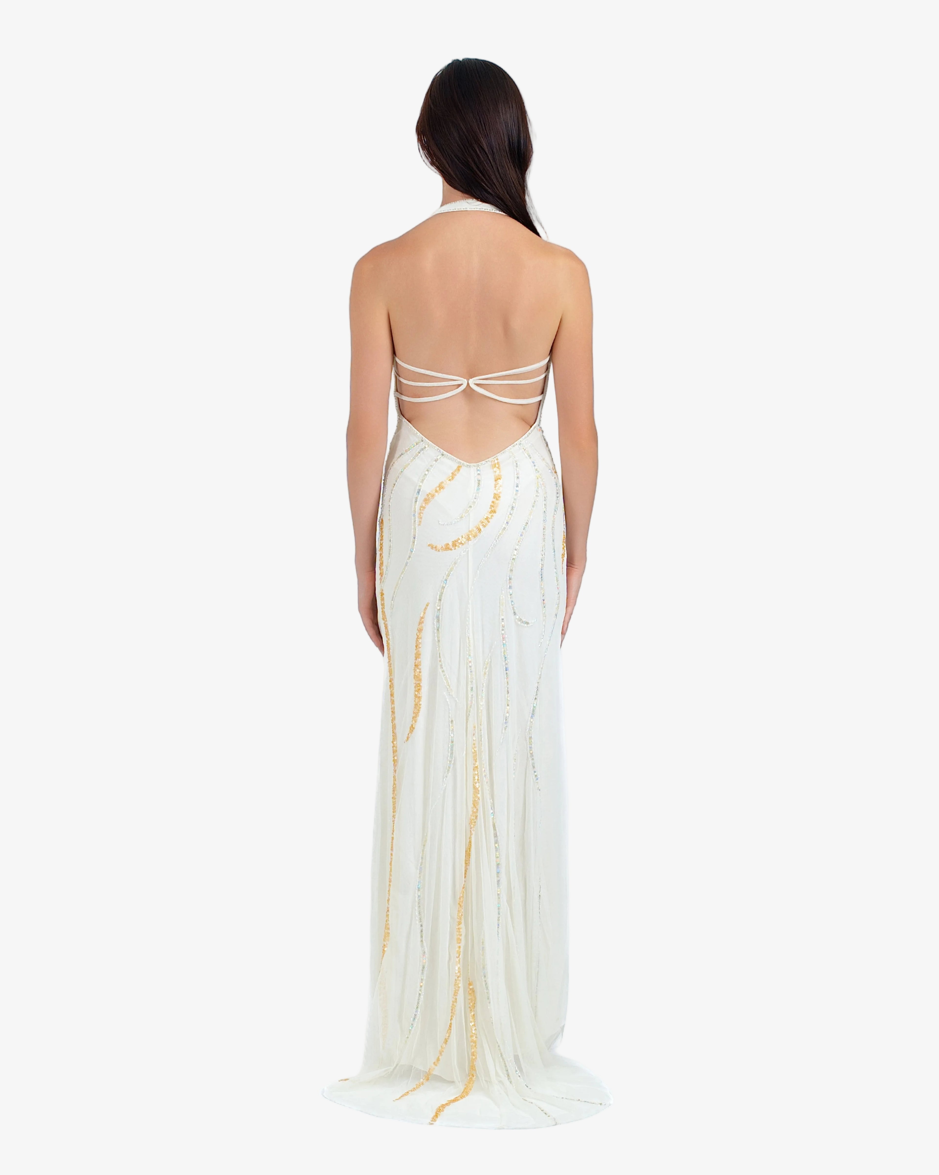 Soleil Beaded Halter Maxi Dress – Cream