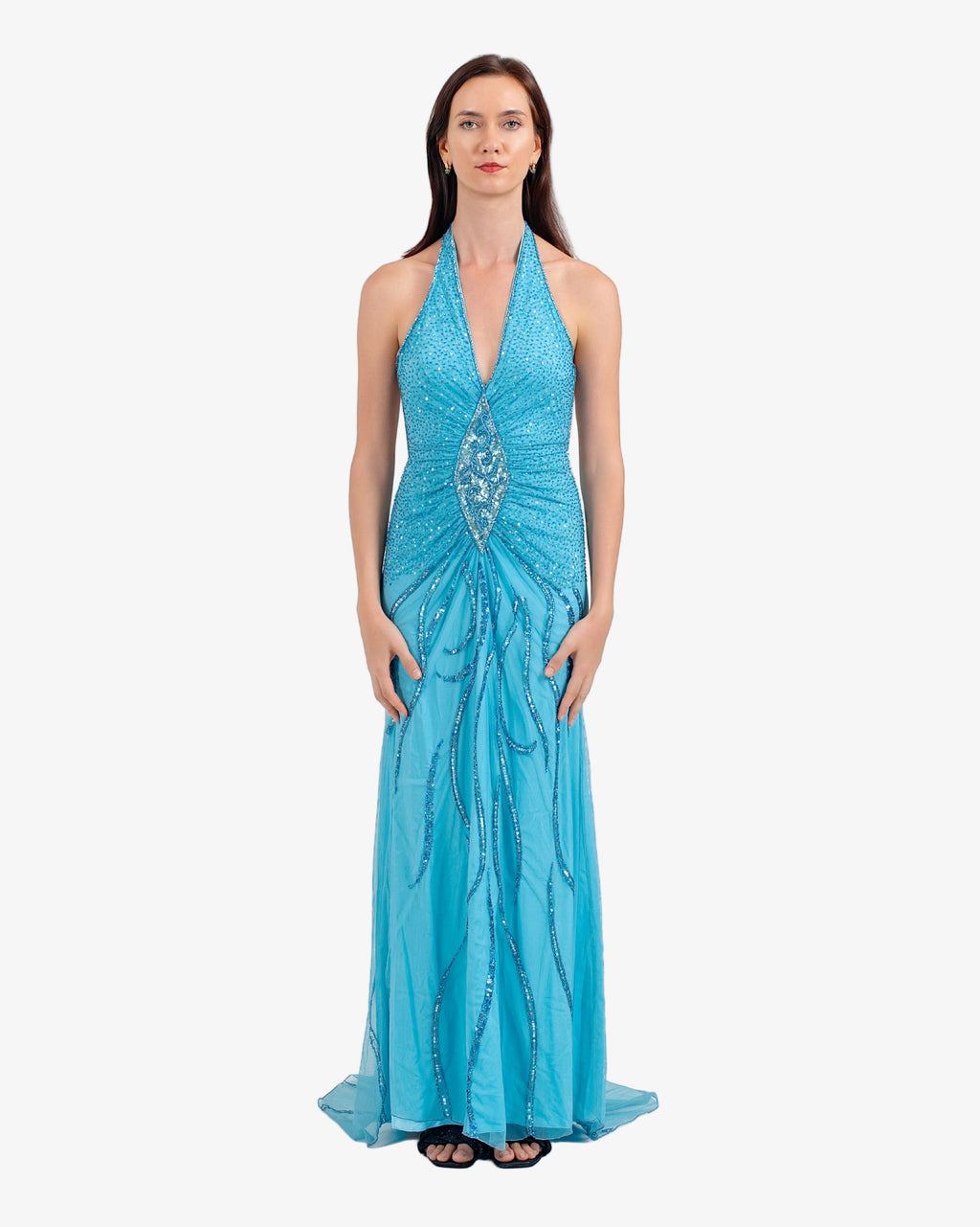 Soleil Beaded Halter Maxi Dress – Dark Blue