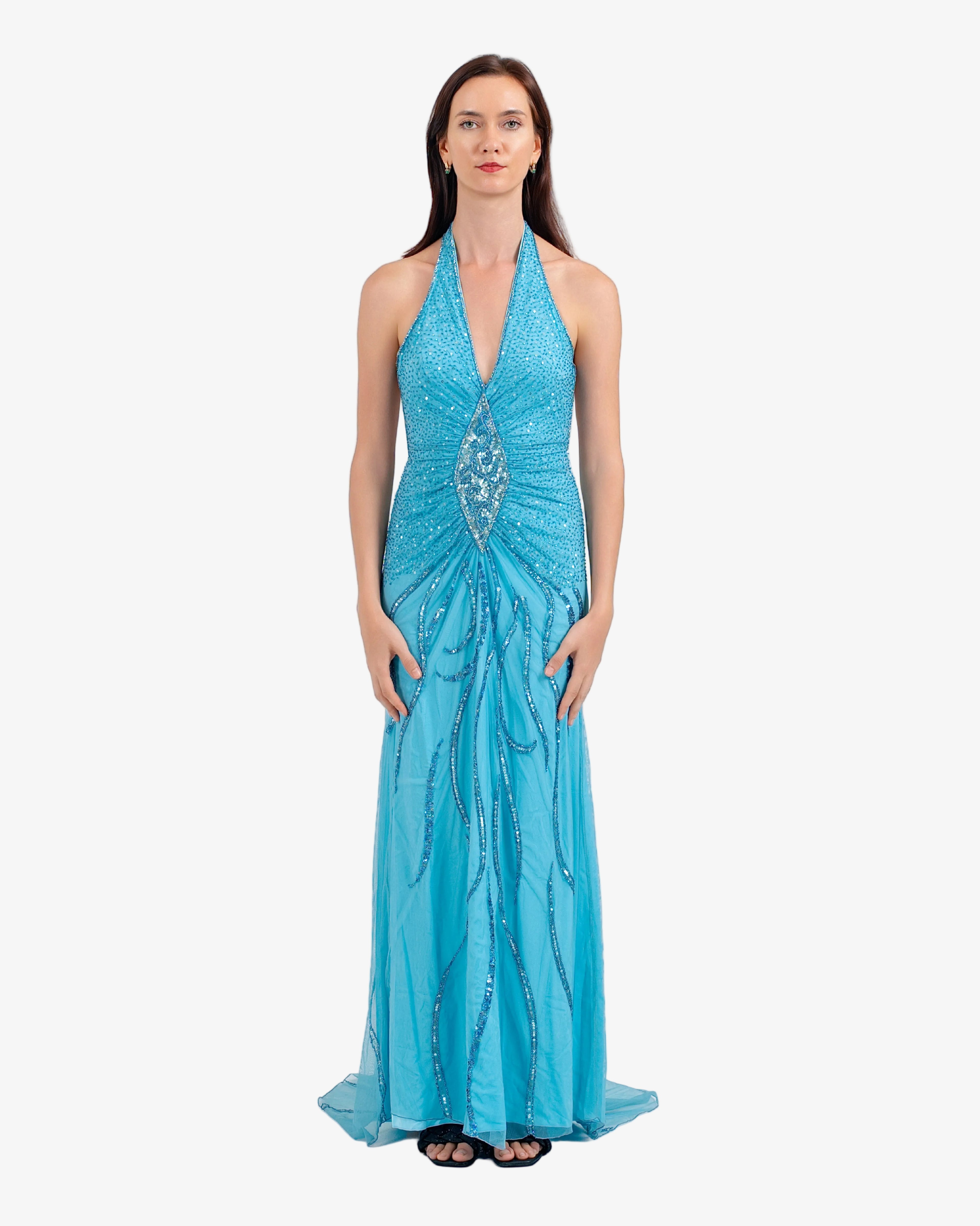 Soleil Beaded Halter Maxi Dress – Dark Blue