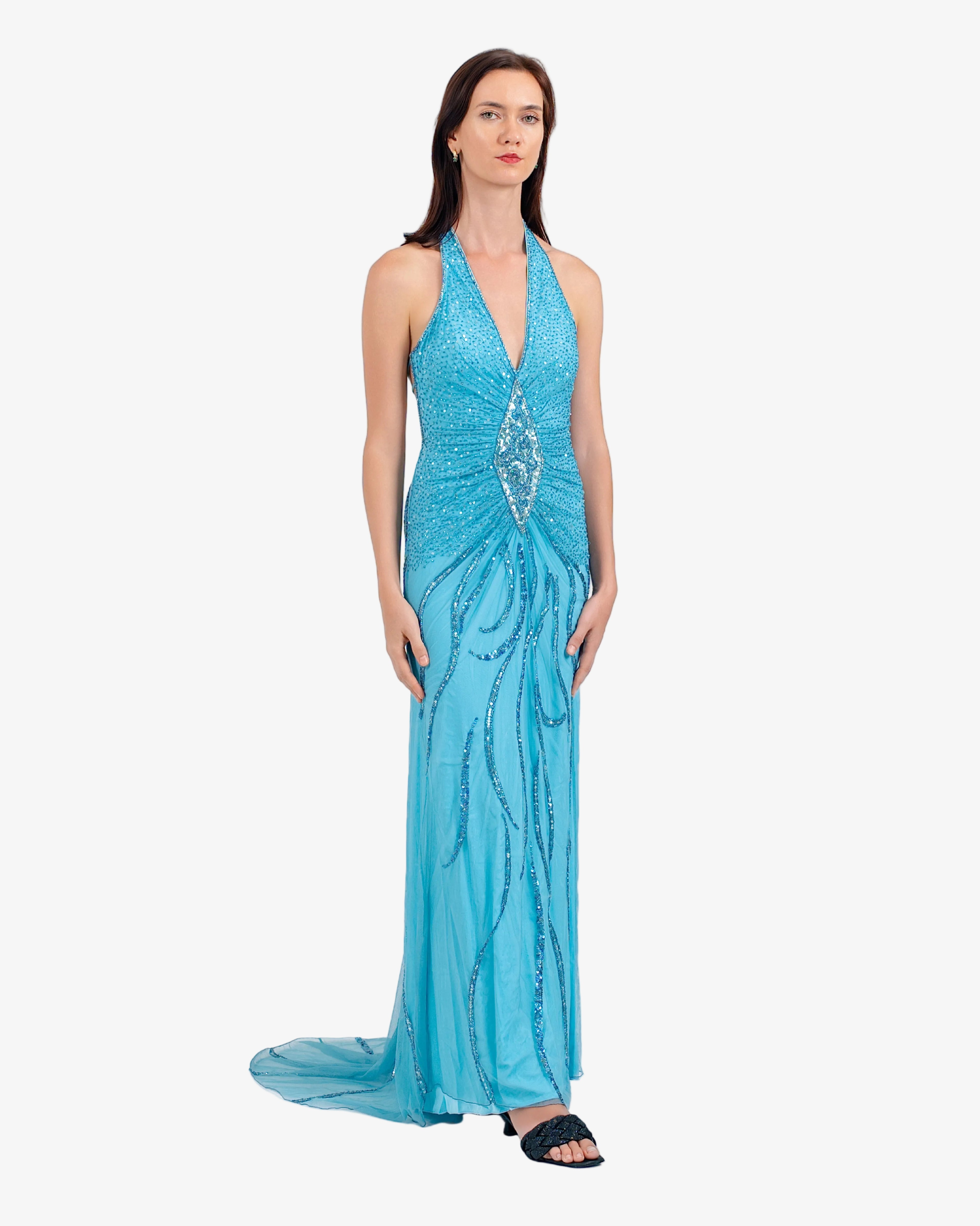 Soleil Beaded Halter Maxi Dress – Dark Blue