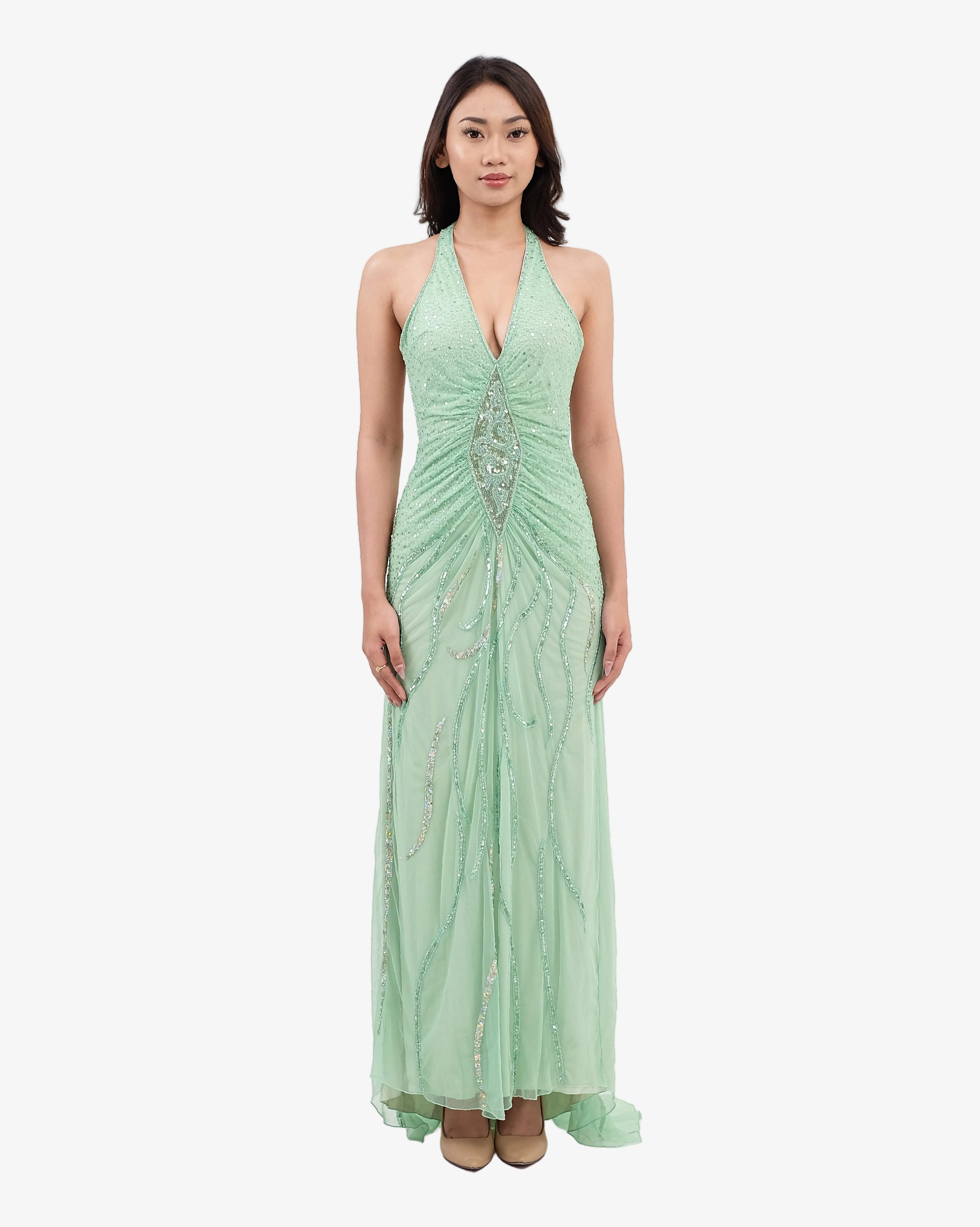 Soleil Beaded Halter Maxi Dress – Mint