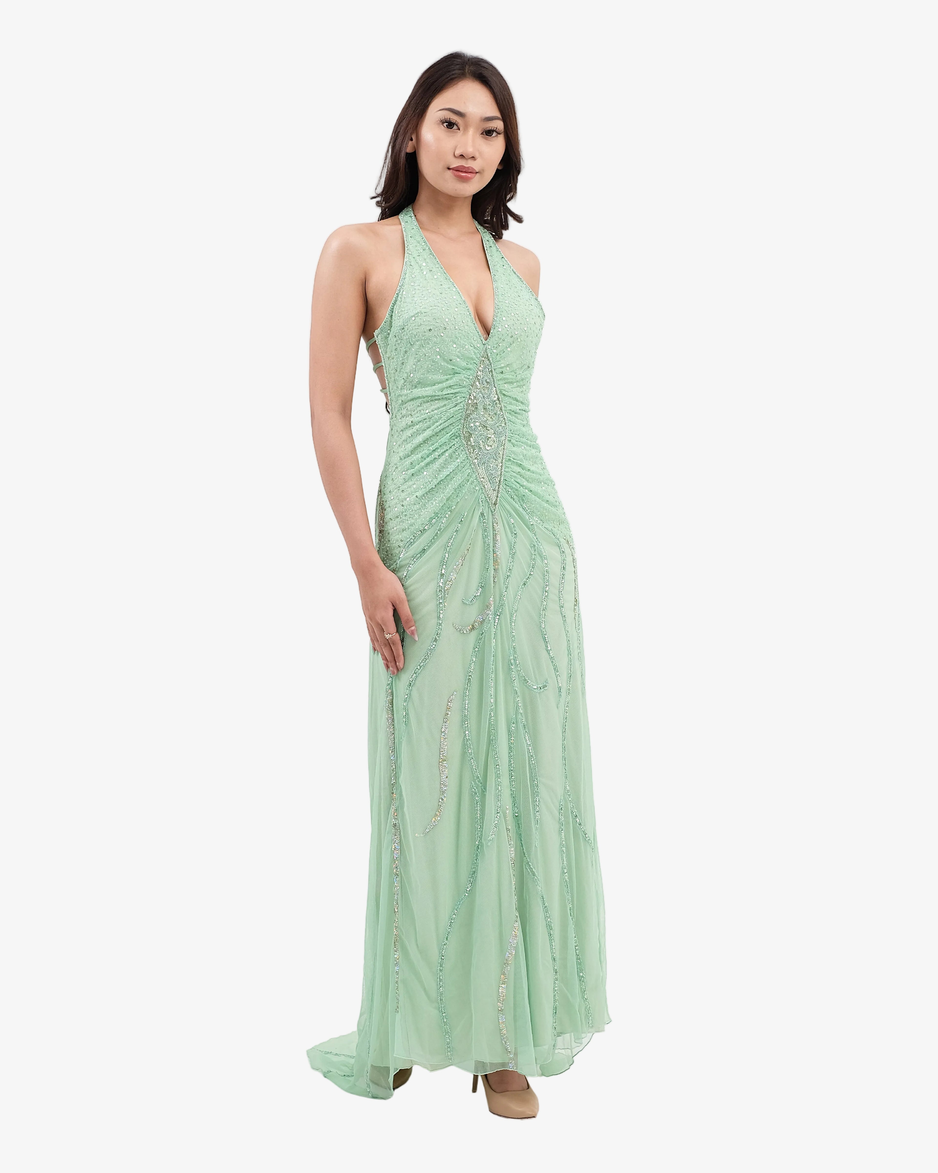 Soleil Beaded Halter Maxi Dress – Mint
