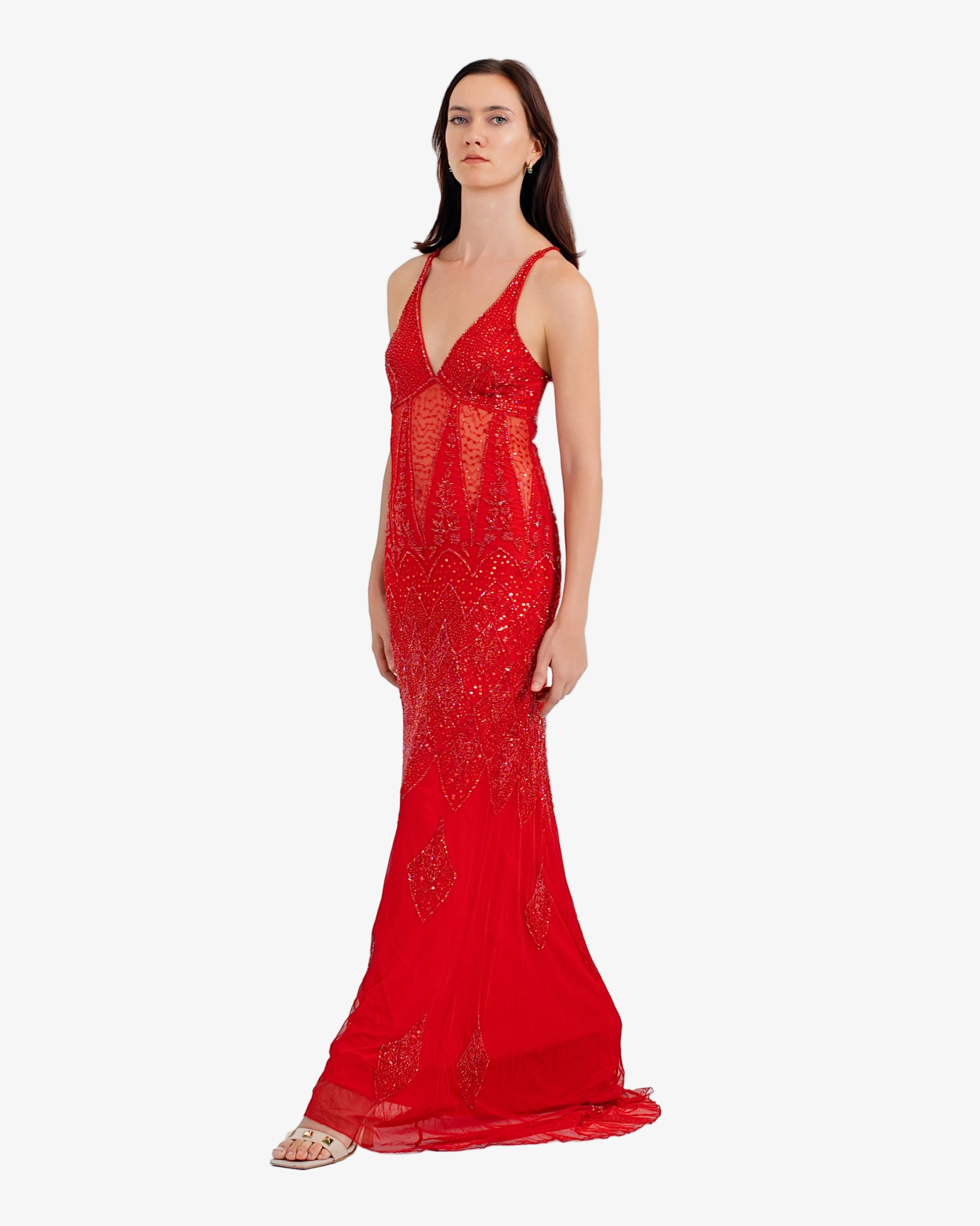 Vega Beaded Maxi Dress – Red