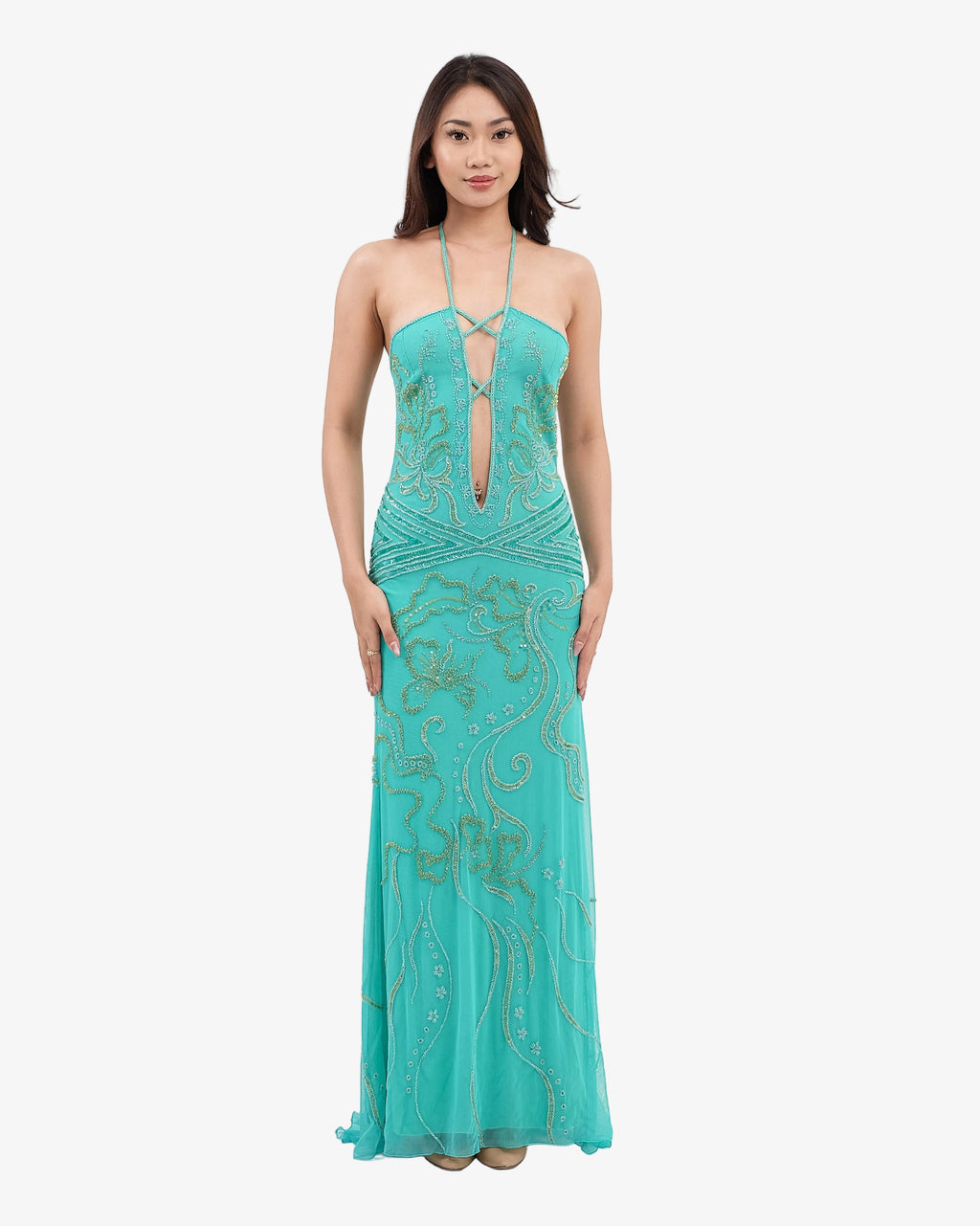 Isadora Beaded Halter Maxi Dress – Aqua