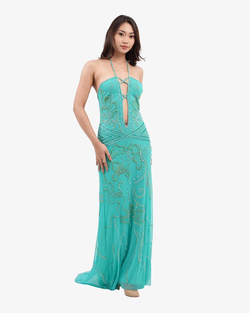 Isadora Beaded Halter Maxi Dress – Aqua