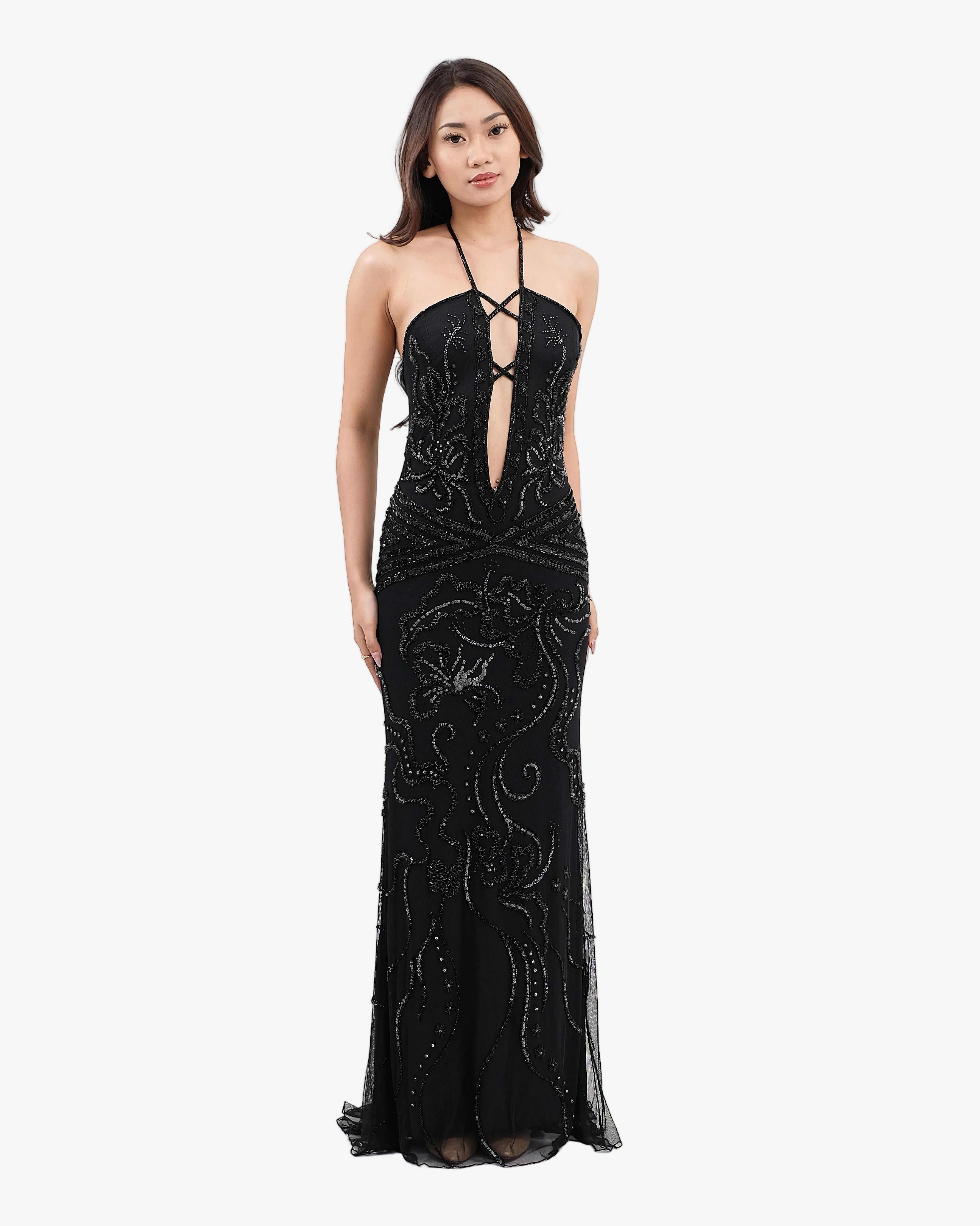 Isadora Beaded Halter Maxi Dress – Black