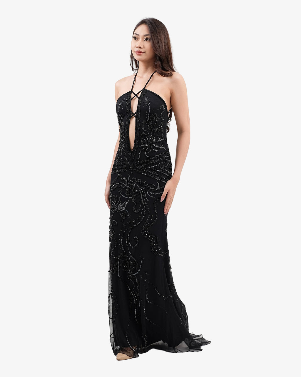 Isadora Beaded Halter Maxi Dress – Black