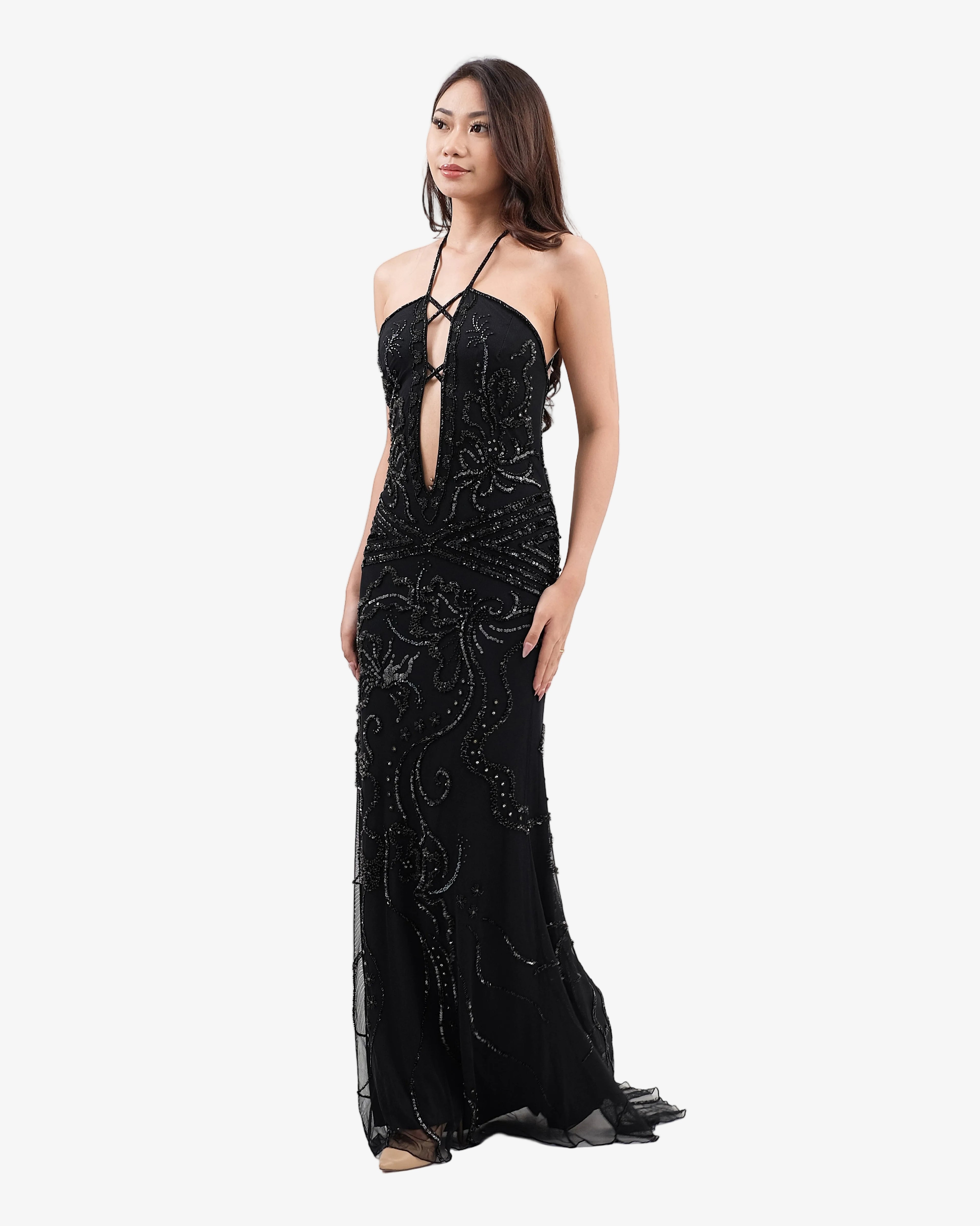 Isadora Beaded Halter Maxi Dress – Black