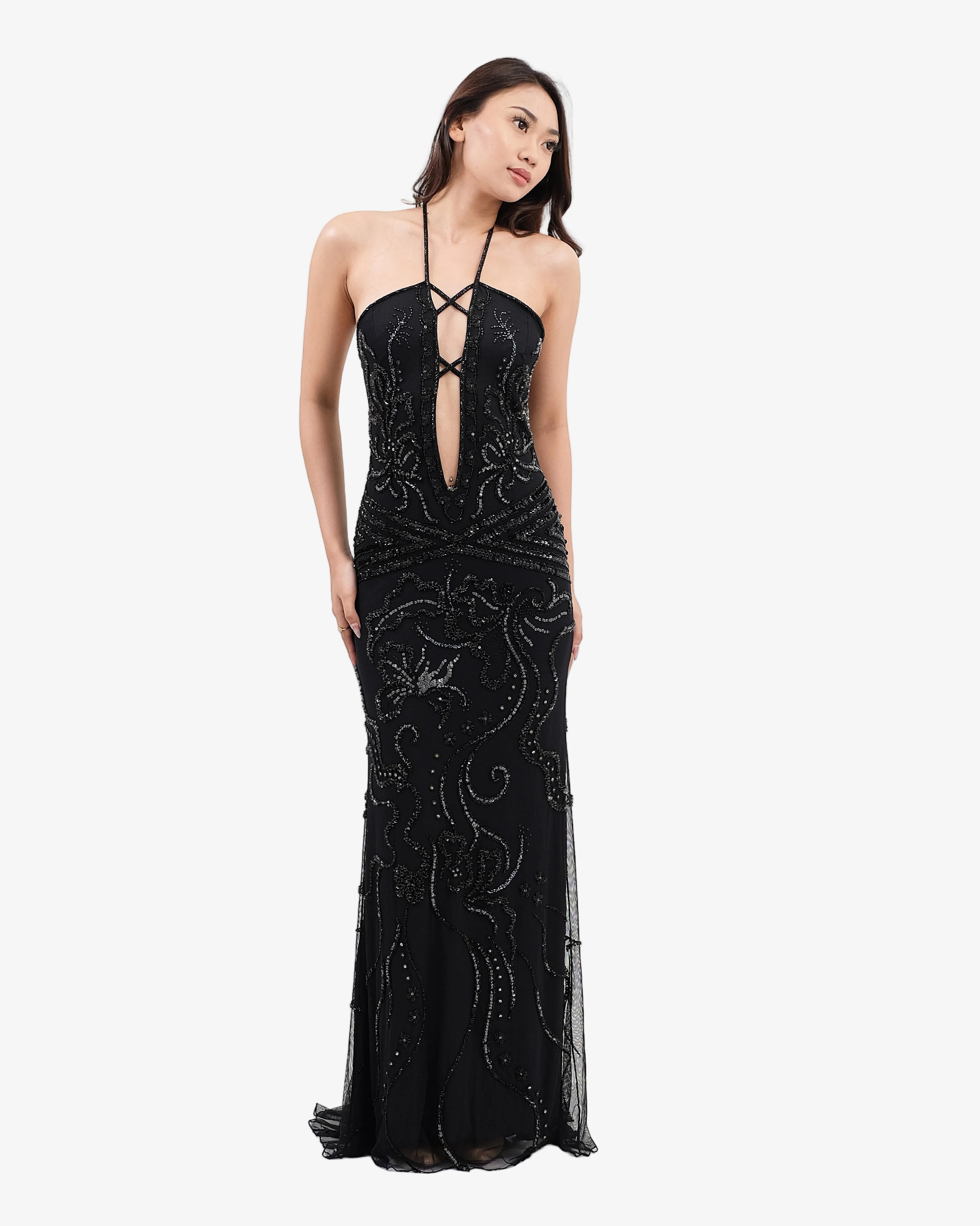Isadora Beaded Halter Maxi Dress – Black