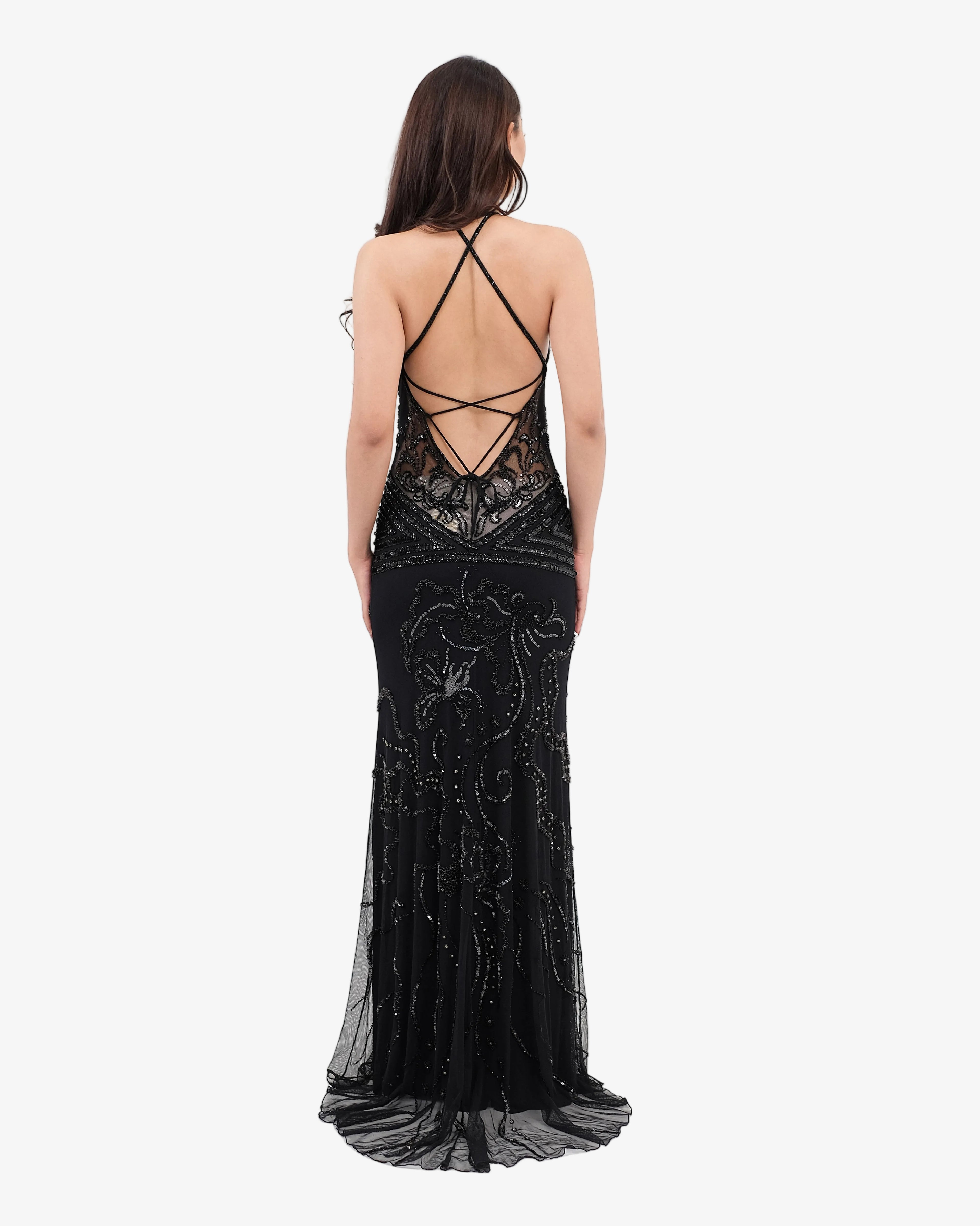 Isadora Beaded Halter Maxi Dress – Black