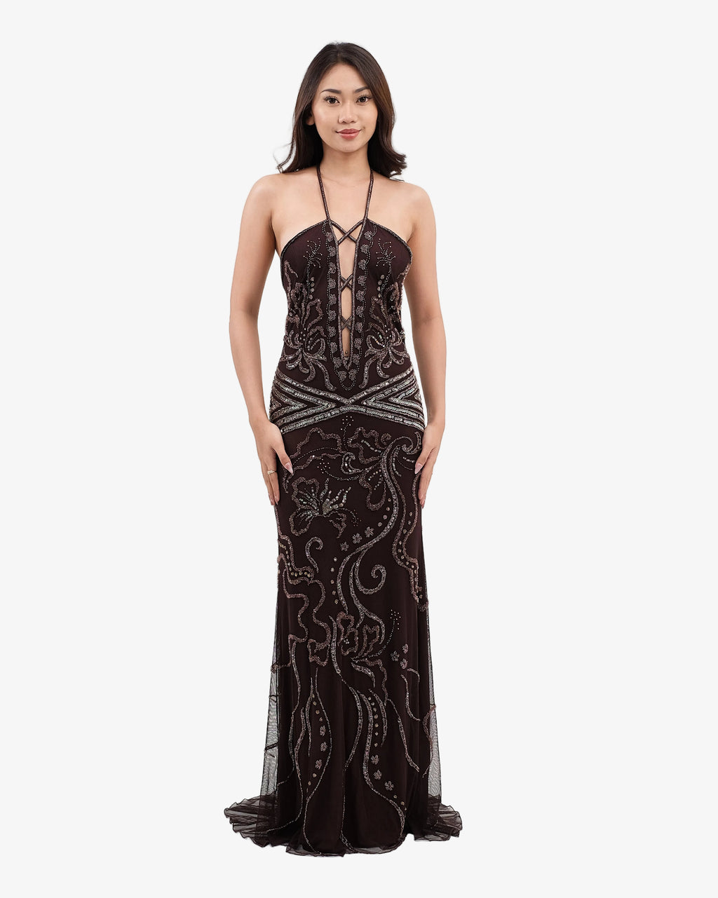 Isadora Beaded Halter Maxi Dress – Dark Brown