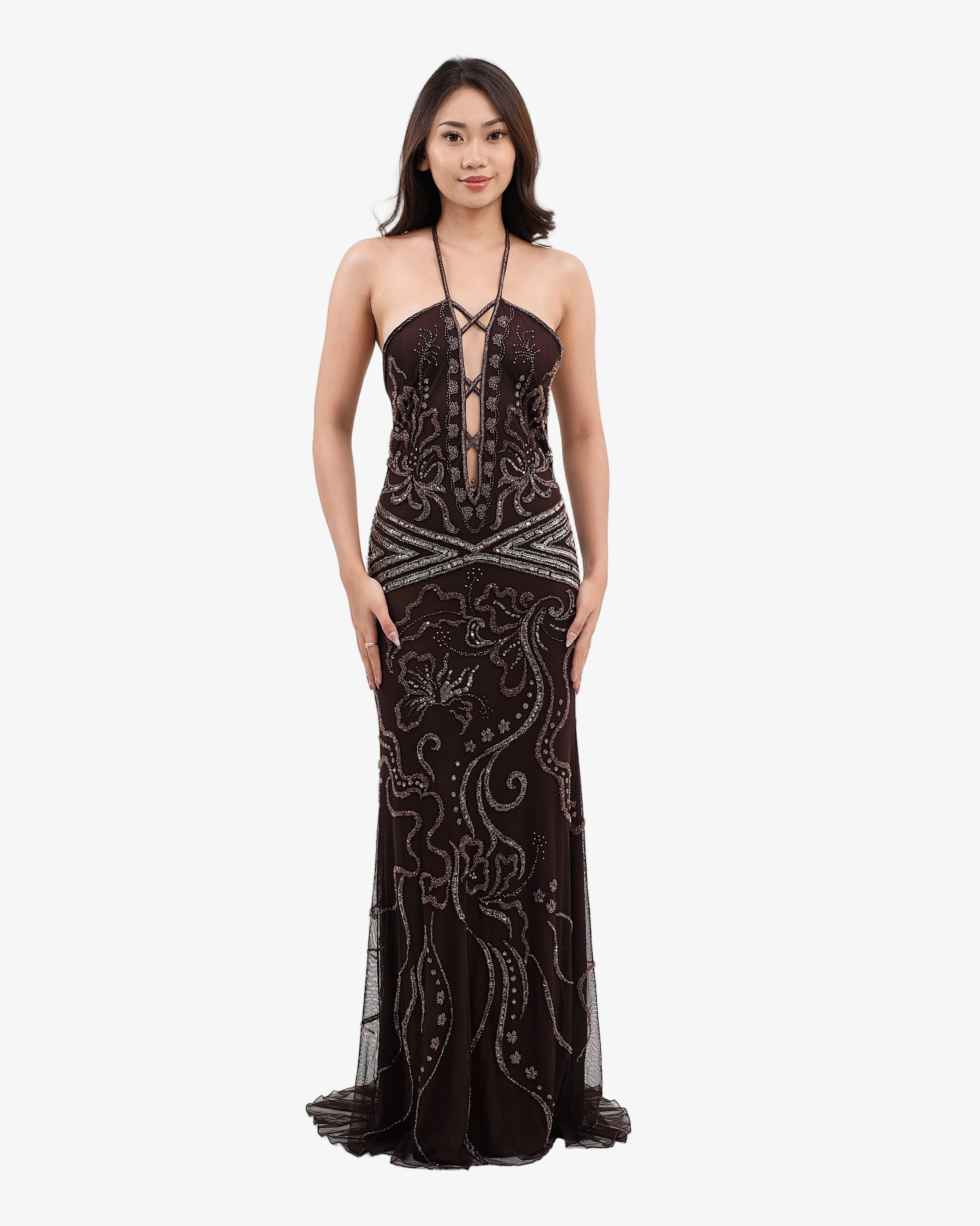 Isadora Beaded Halter Maxi Dress – Dark Brown