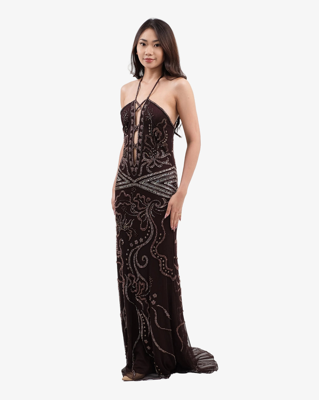 Isadora Beaded Halter Maxi Dress – Dark Brown