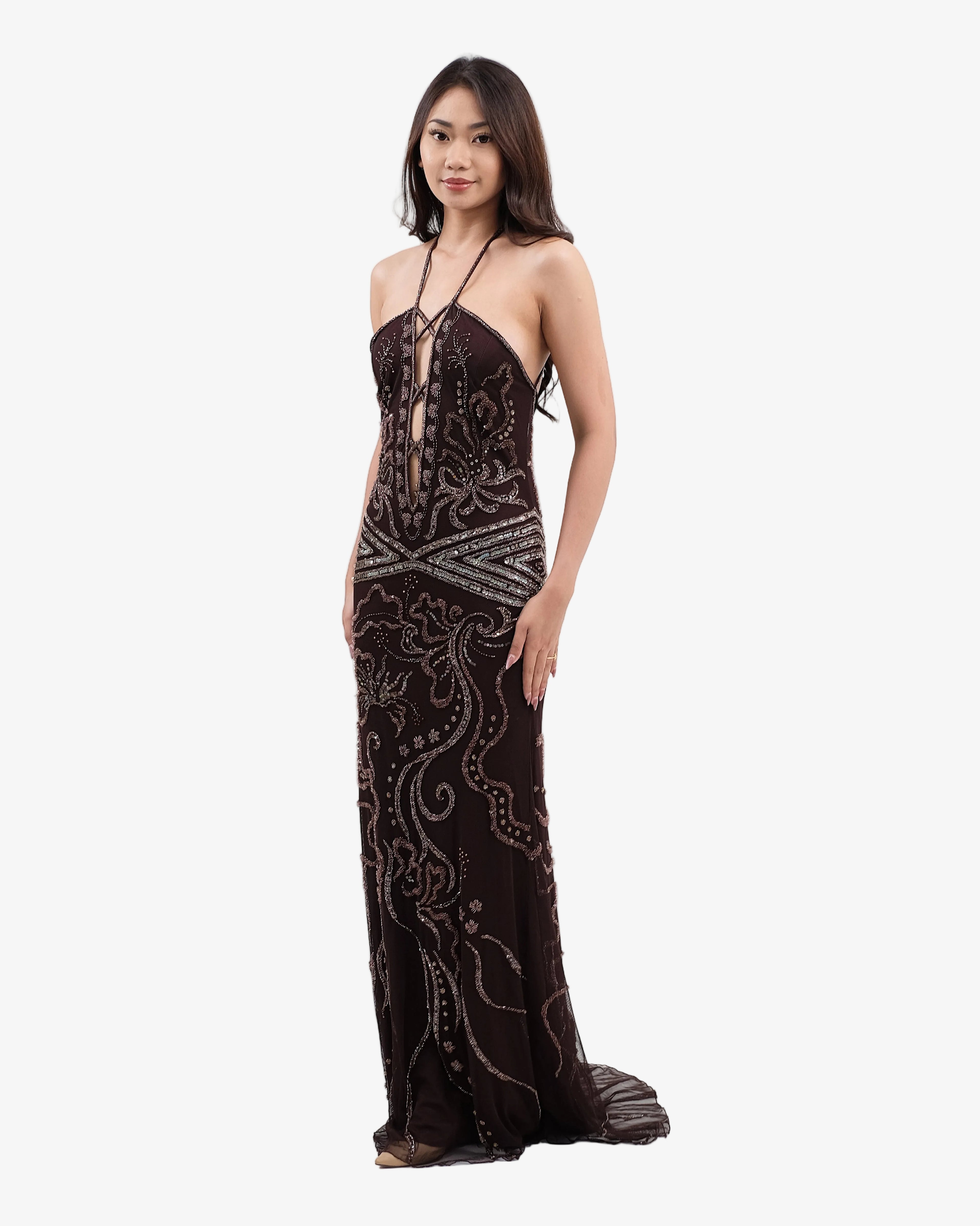 Isadora Beaded Halter Maxi Dress – Dark Brown