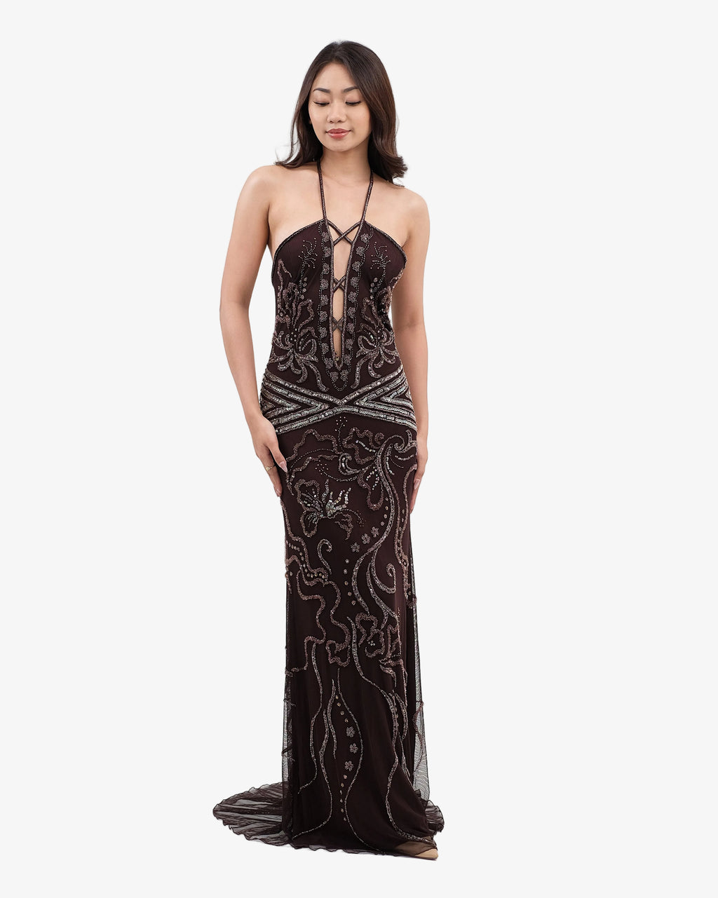 Isadora Beaded Halter Maxi Dress – Dark Brown
