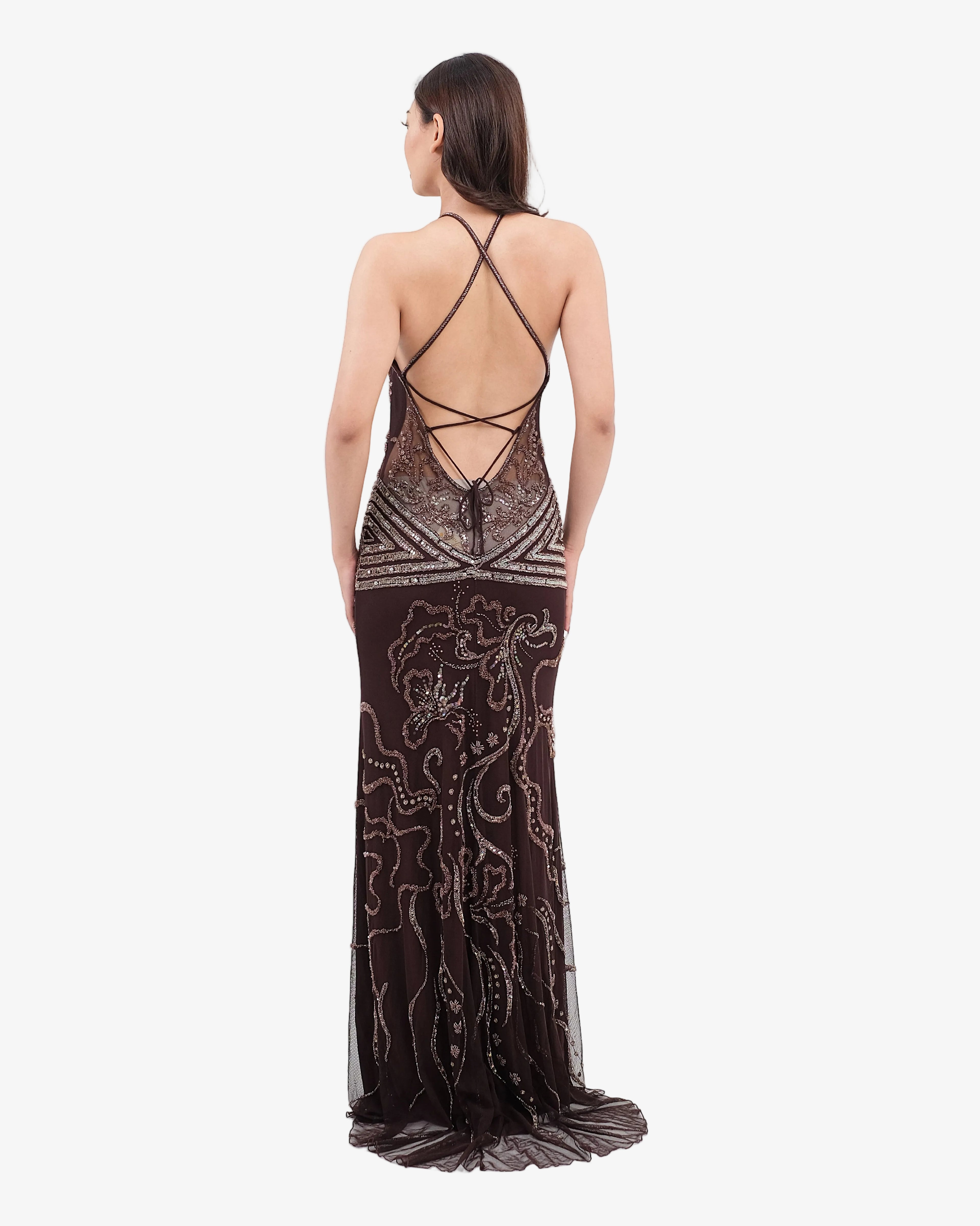 Isadora Beaded Halter Maxi Dress – Dark Brown