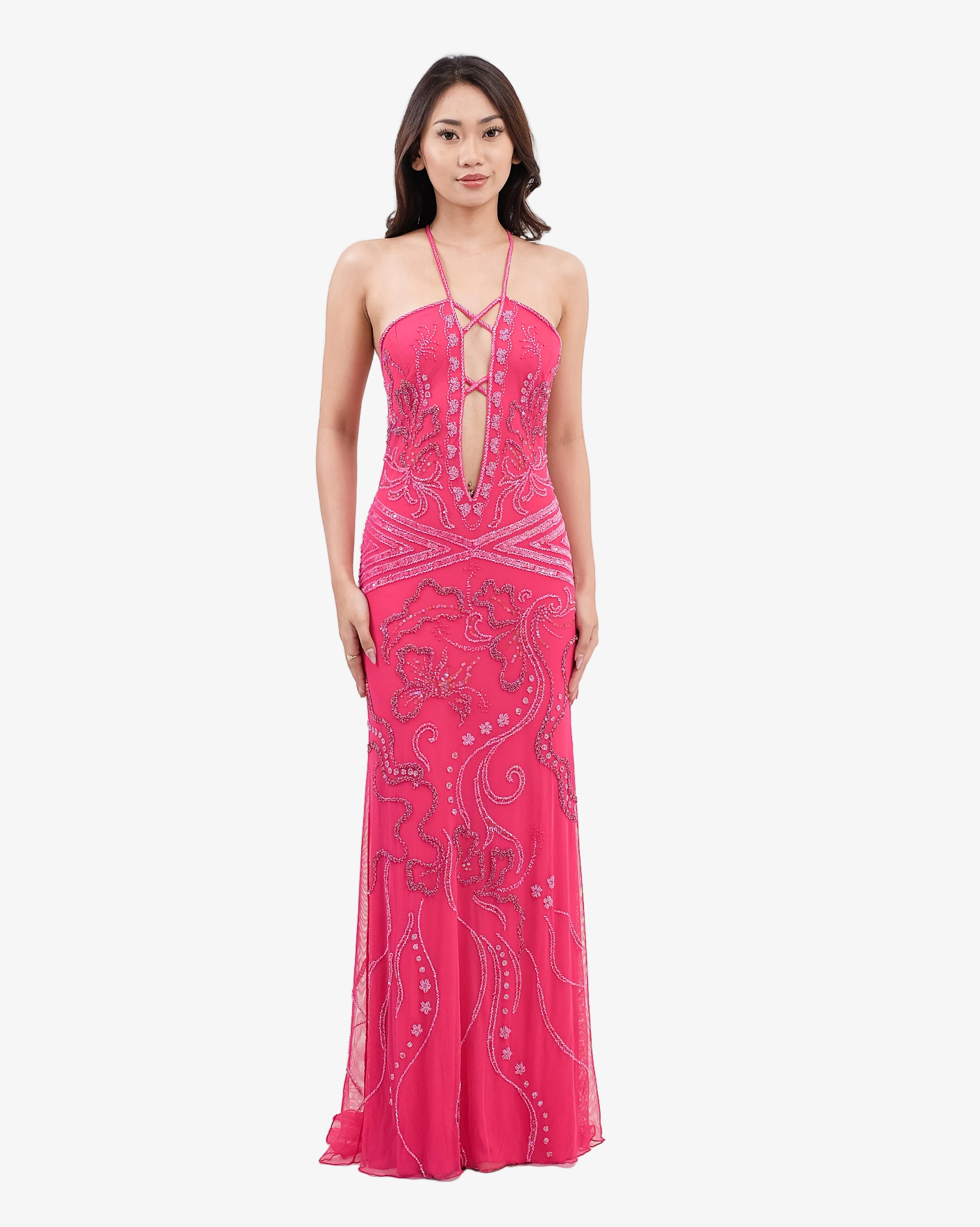 Isadora Beaded Halter Maxi Dress – Hot Fuxia