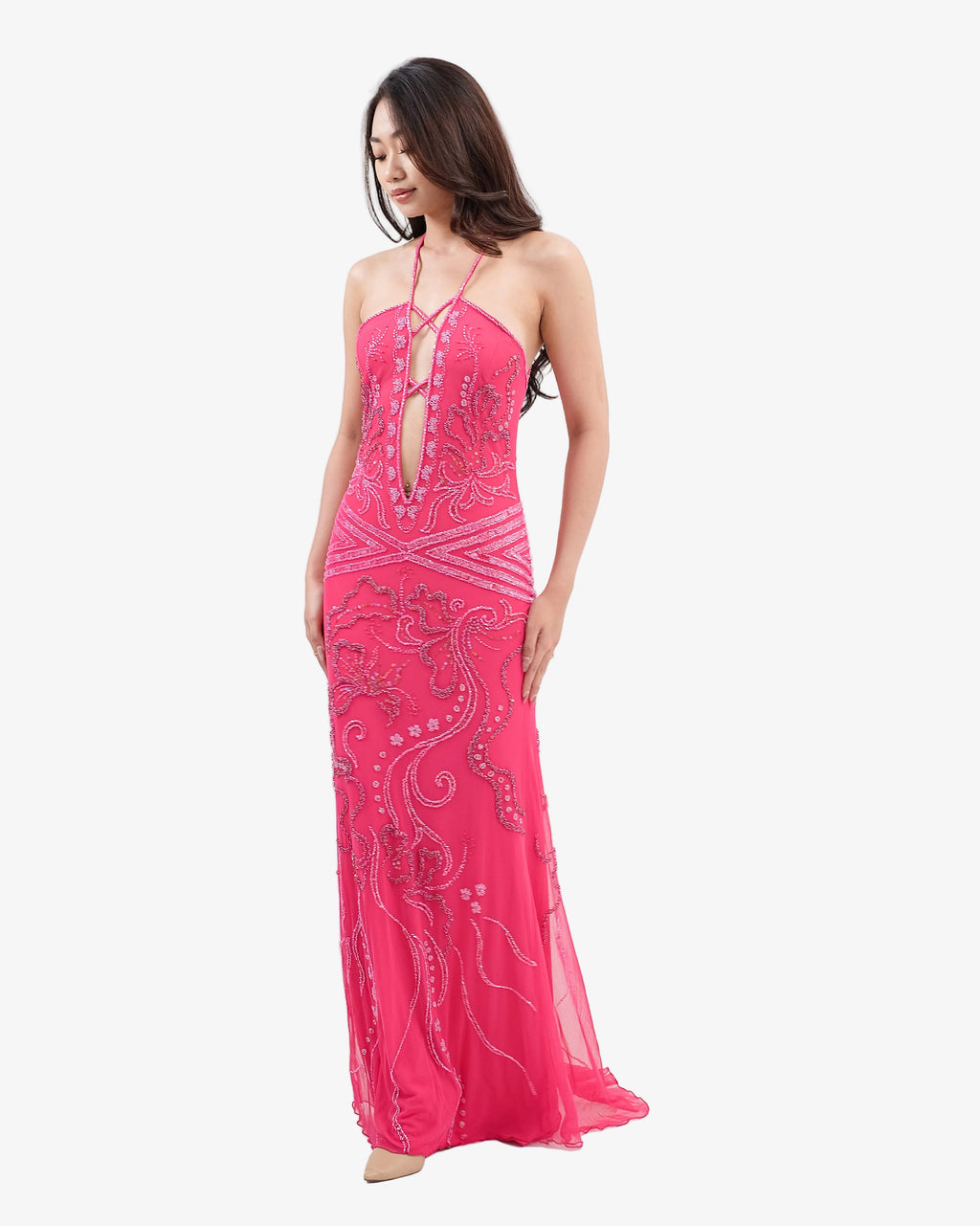 Isadora Beaded Halter Maxi Dress – Hot Fuxia