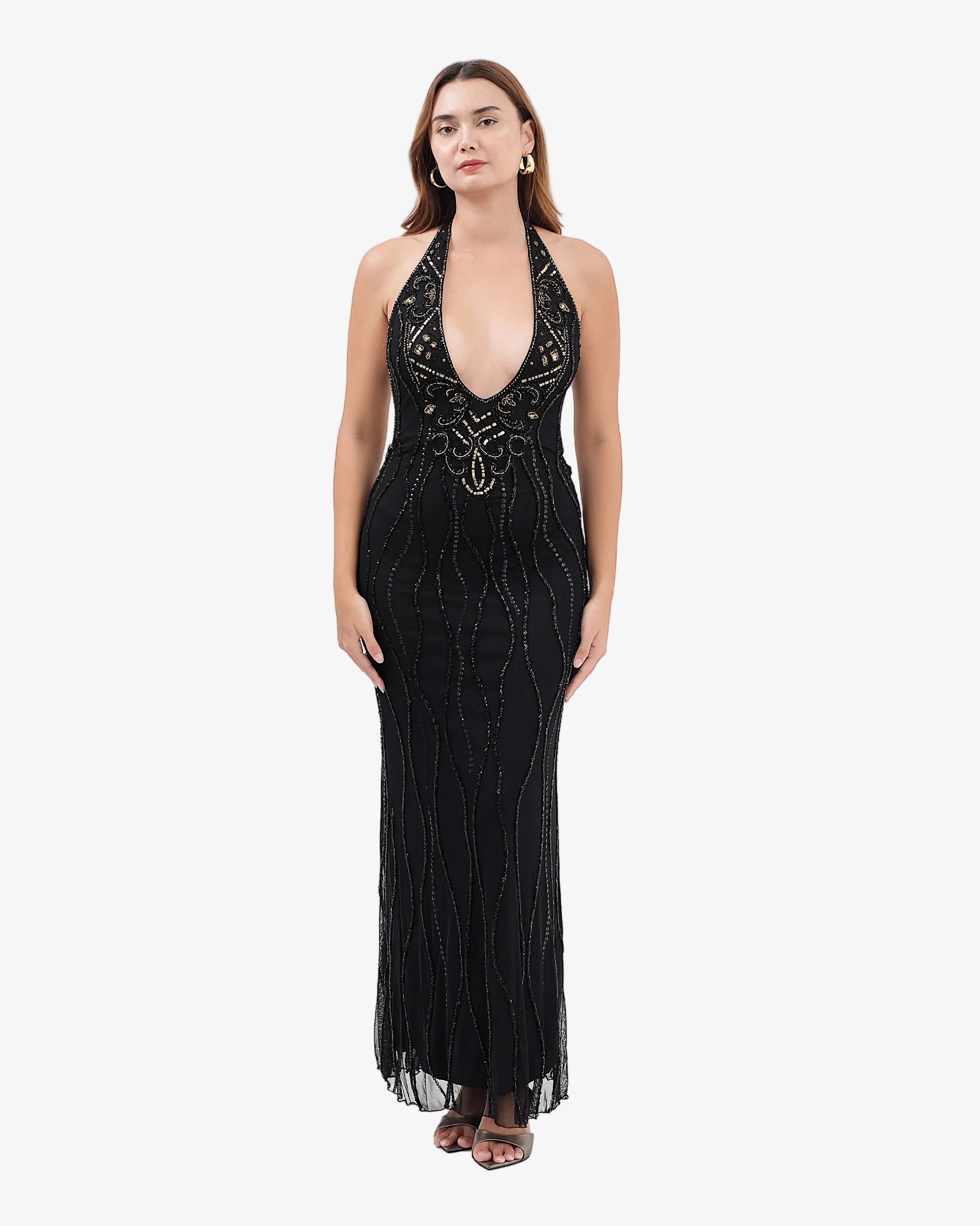 Caspian Deep-V Halter Beaded Maxi Dress – Black