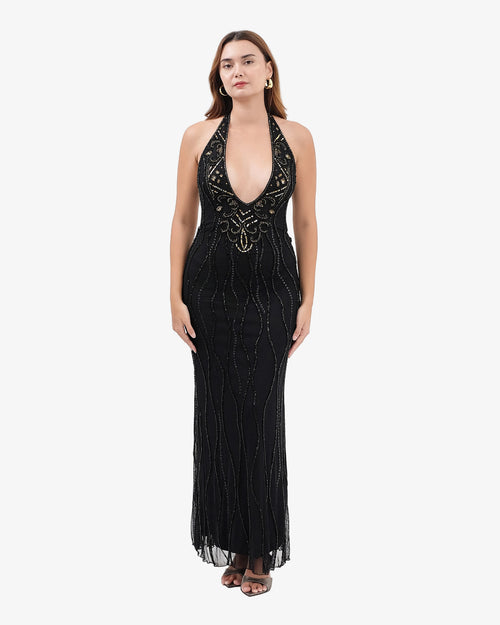 Caspian Deep-V Halter Beaded Maxi Dress – Black