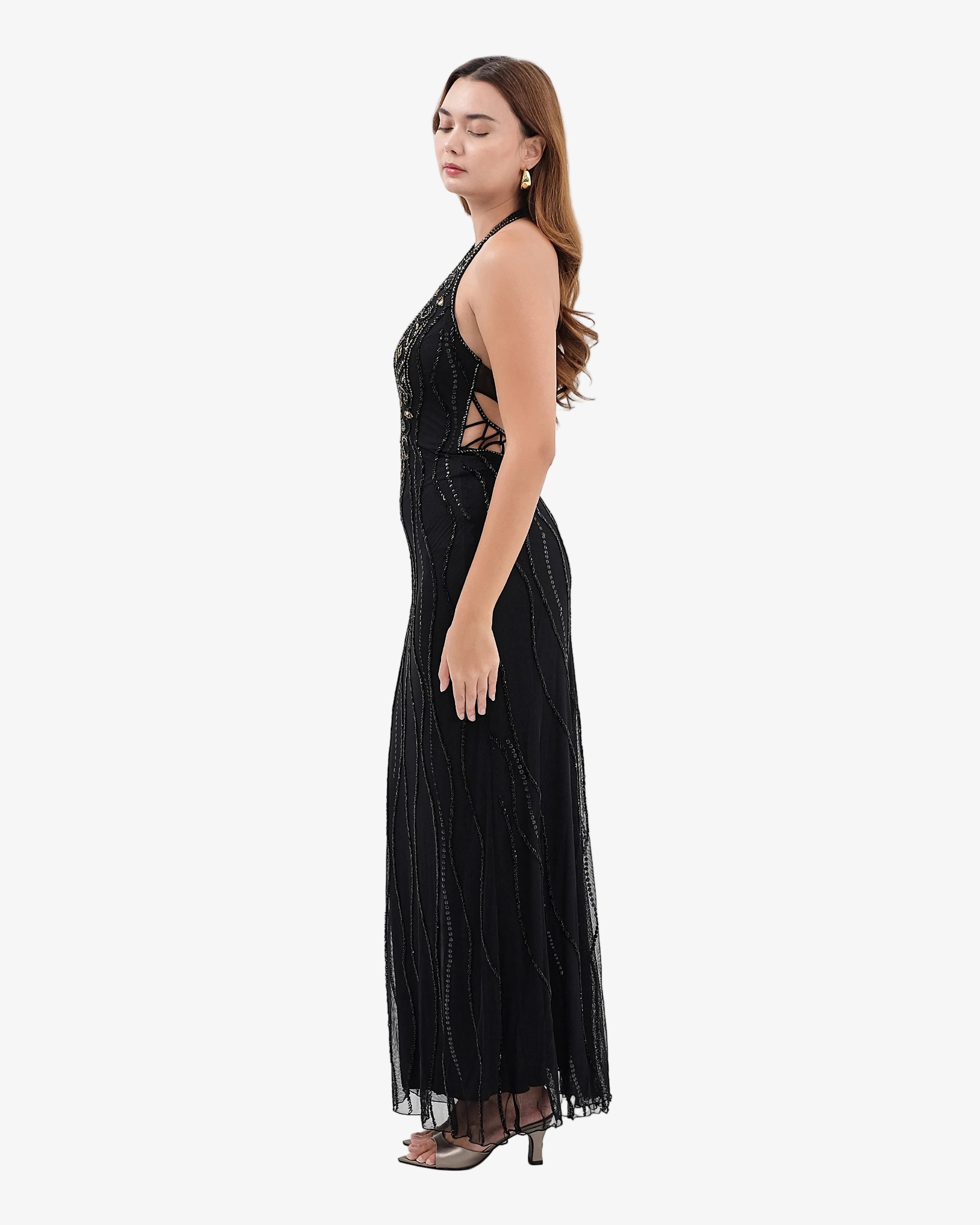 Caspian Deep-V Halter Beaded Maxi Dress – Black
