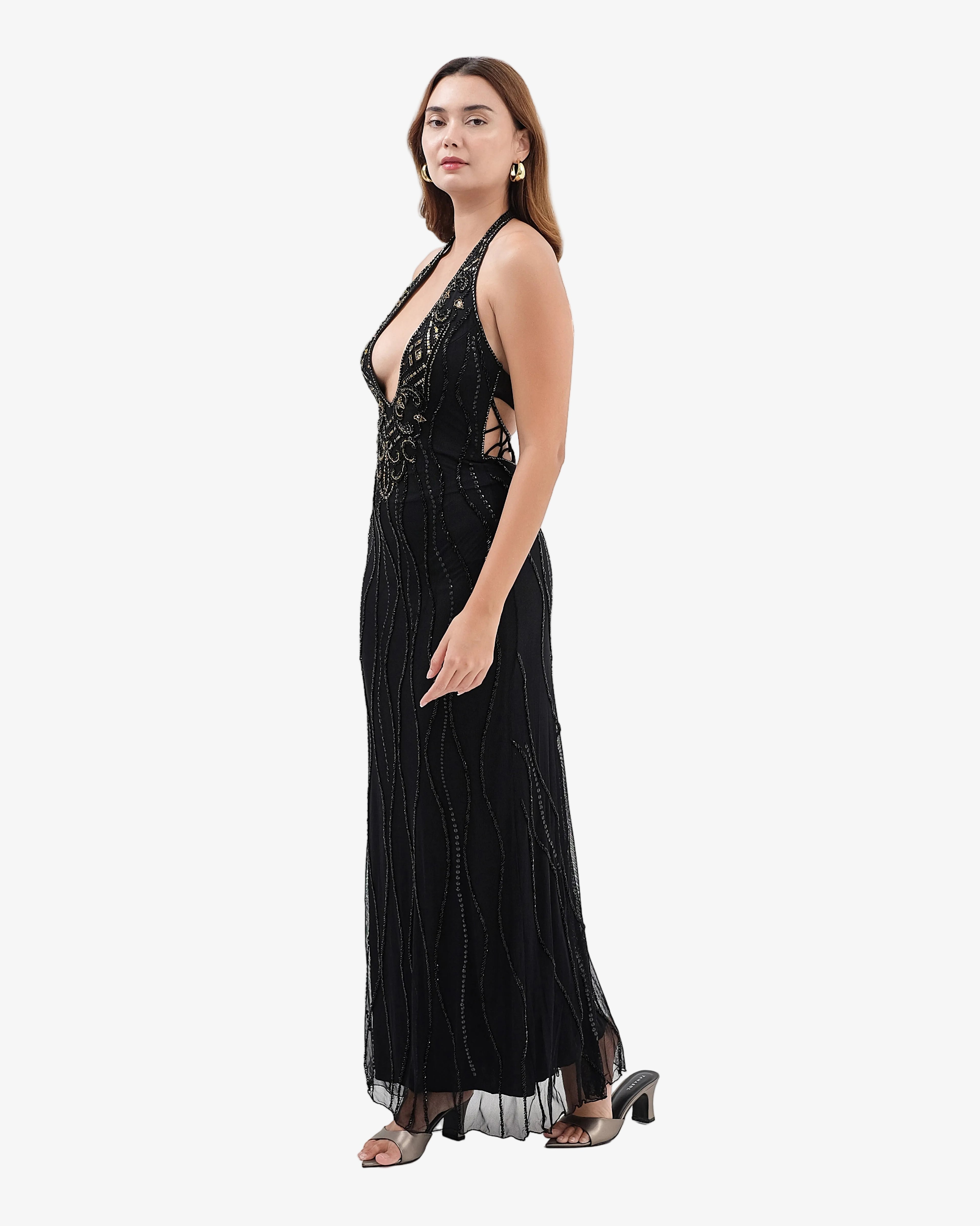 Caspian Deep-V Halter Beaded Maxi Dress – Black
