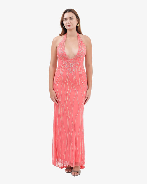 Caspian Deep-V Halter Beaded Maxi Dress – Coral