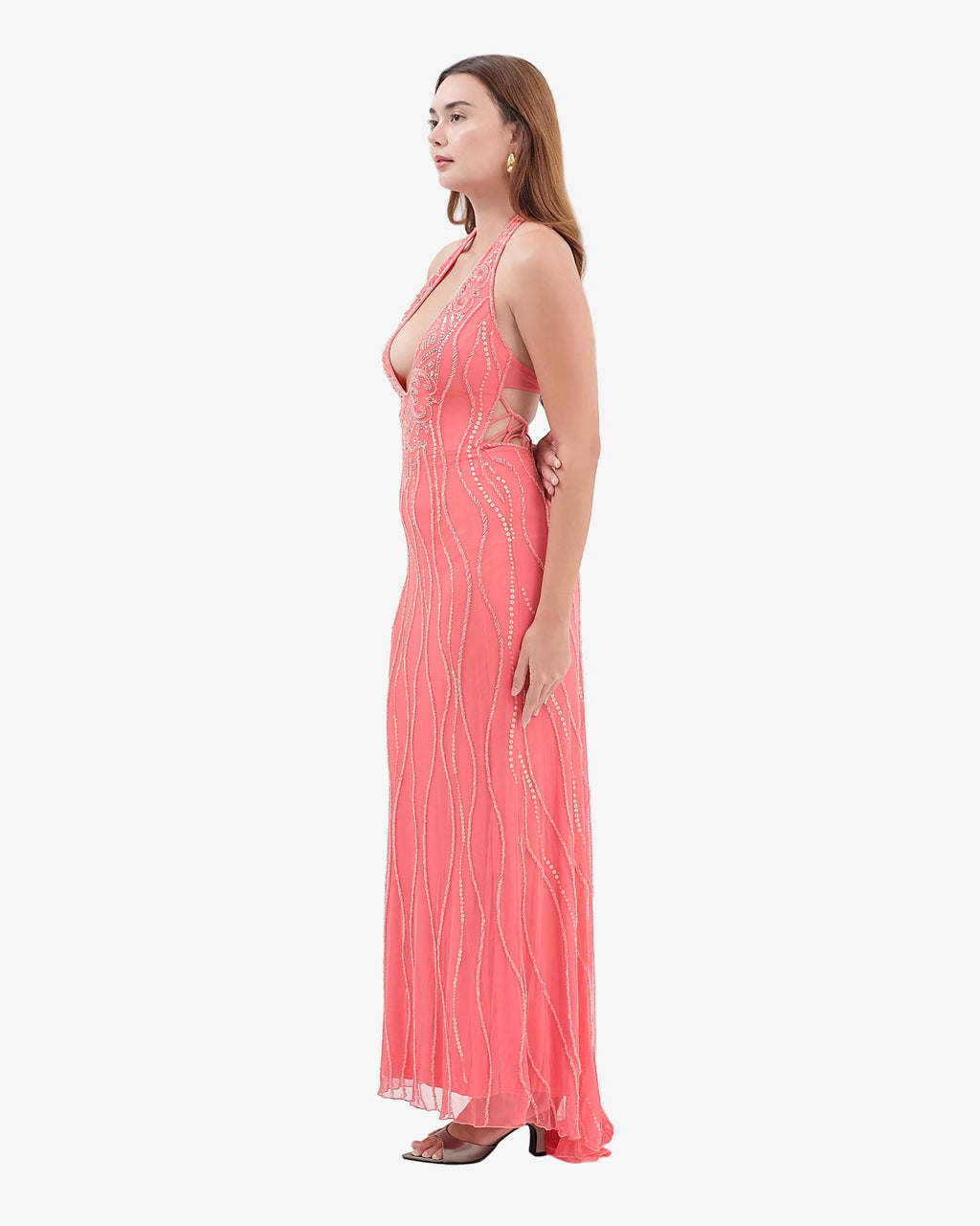 Caspian Deep-V Halter Beaded Maxi Dress – Coral