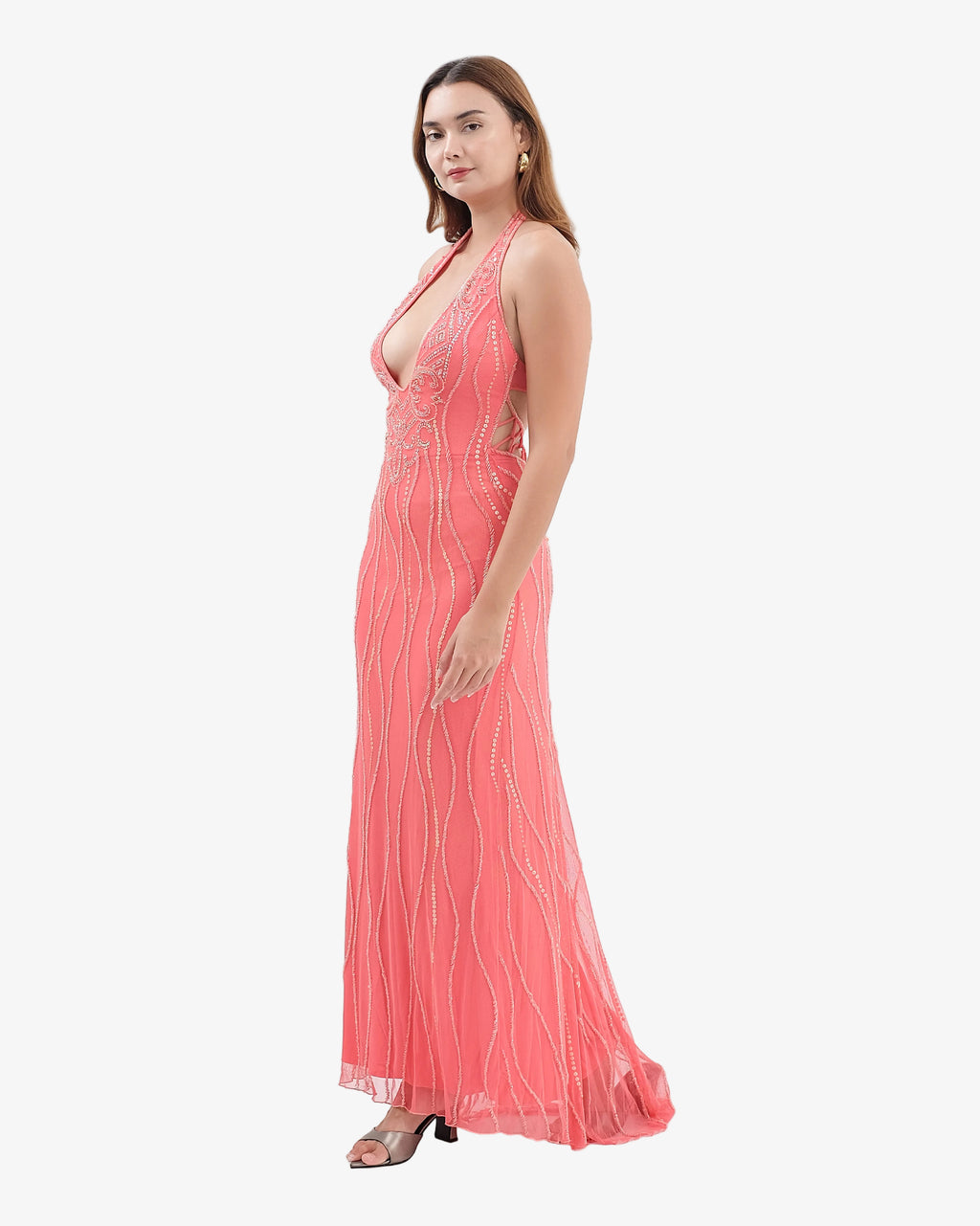Caspian Deep-V Halter Beaded Maxi Dress – Coral