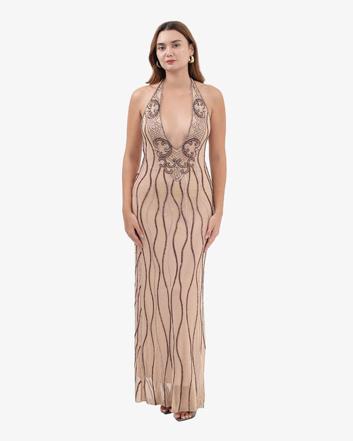 Caspian Deep-V Halter Beaded Maxi Dress – Nude