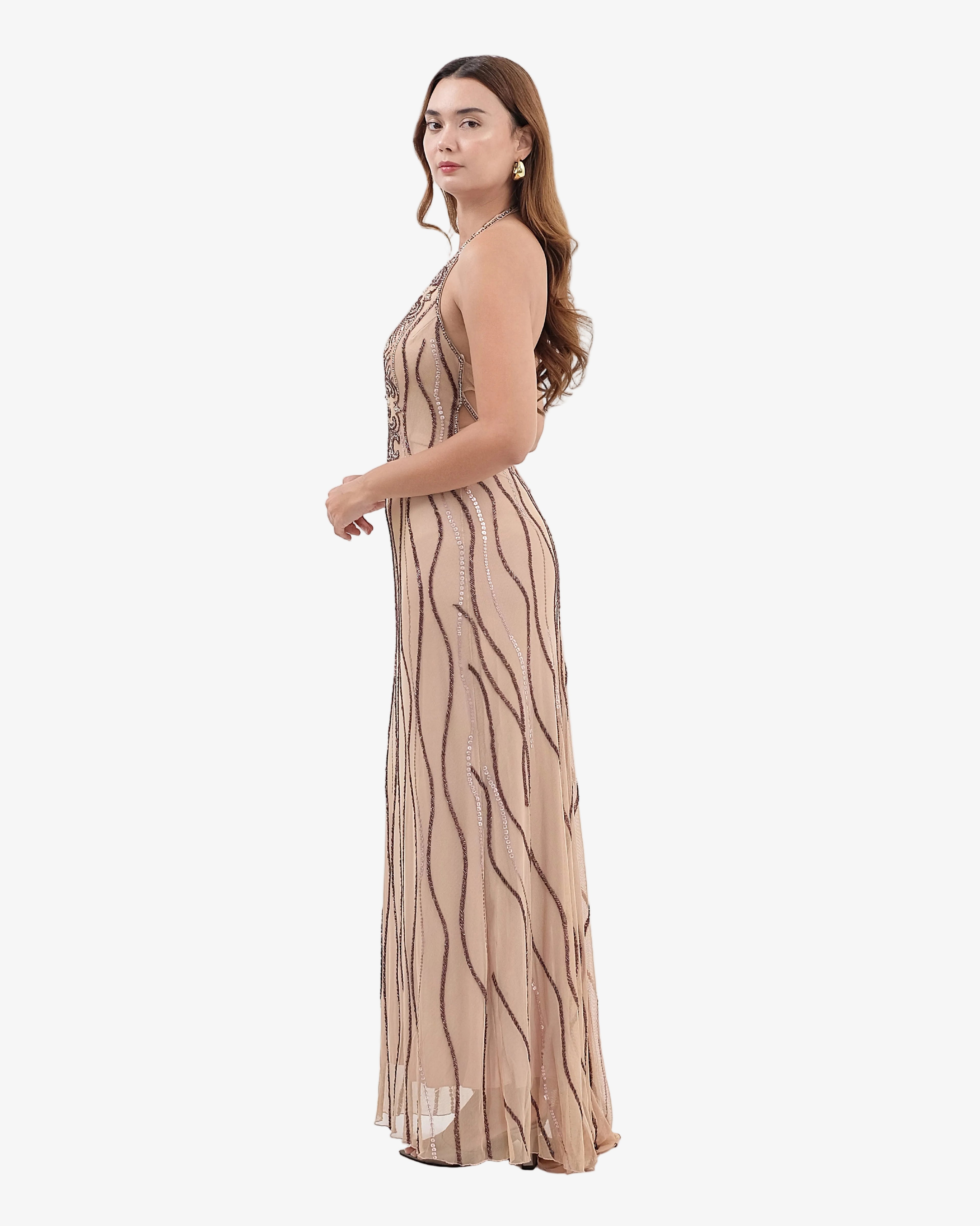 Caspian Deep-V Halter Beaded Maxi Dress – Nude