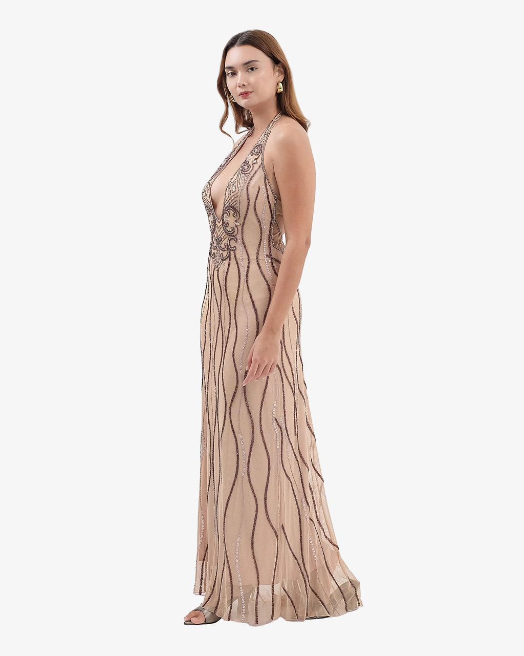 Caspian Deep-V Halter Beaded Maxi Dress – Nude