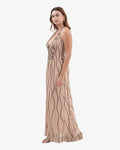 Caspian Deep-V Halter Beaded Maxi Dress – Nude