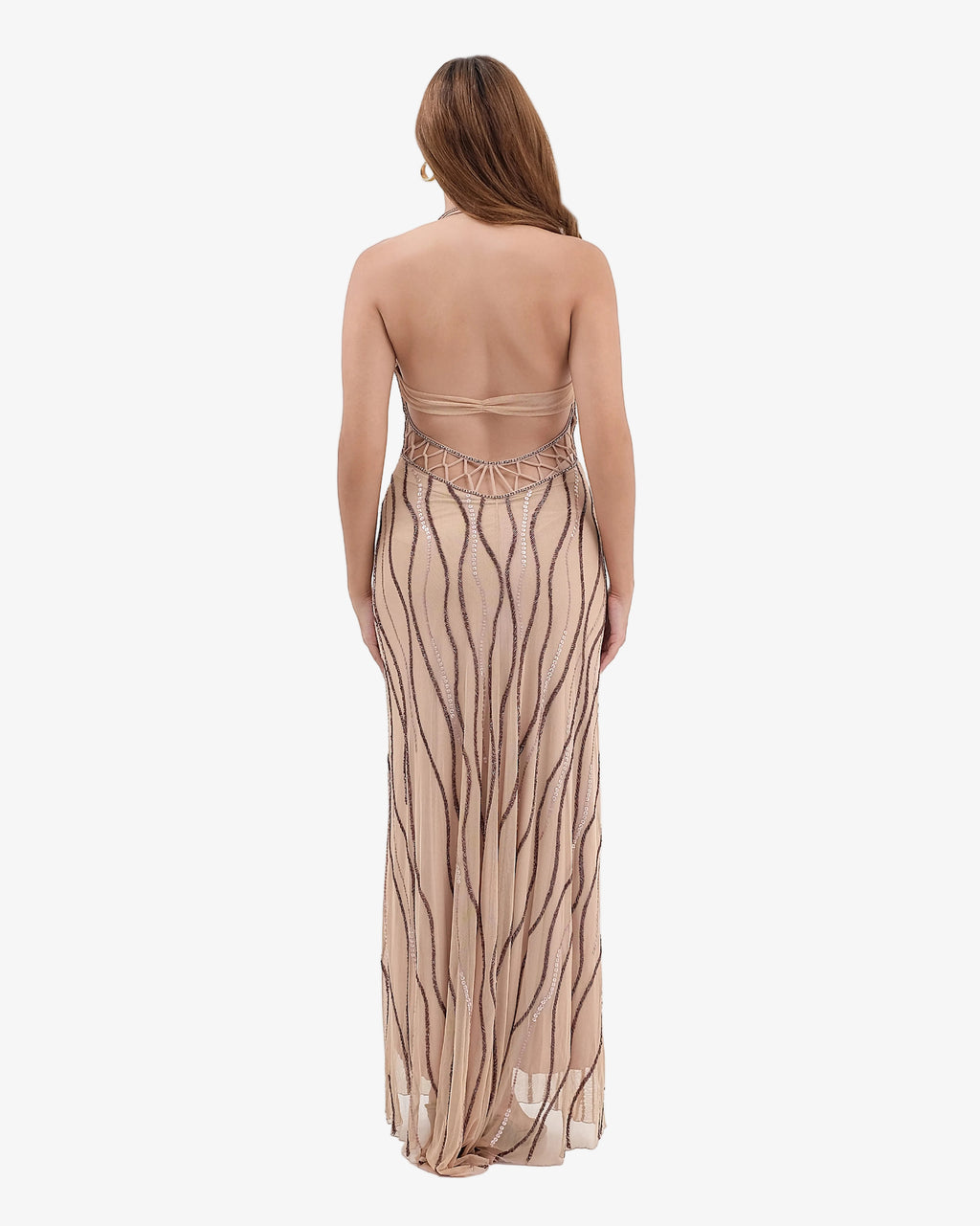 Caspian Deep-V Halter Beaded Maxi Dress – Nude