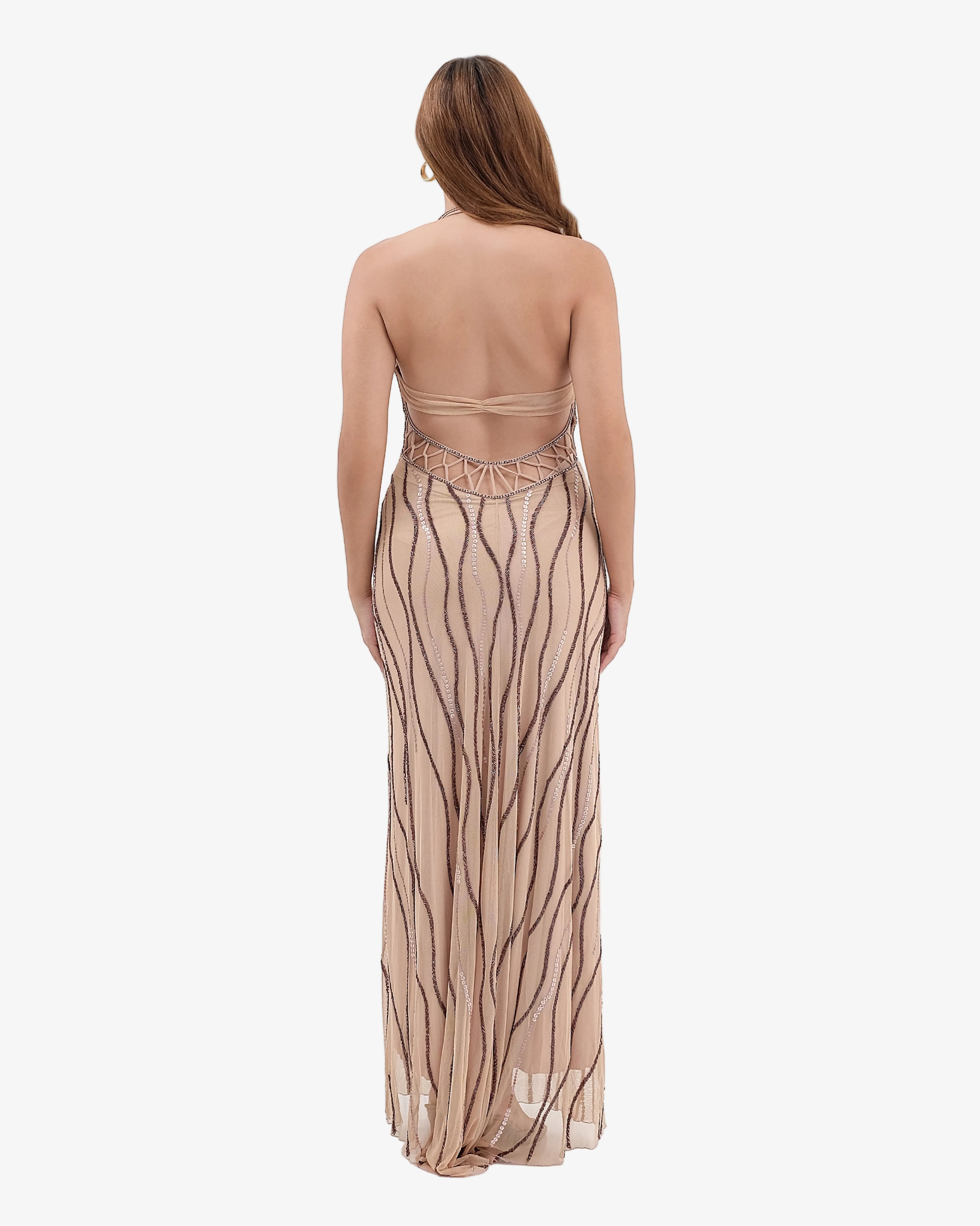 Caspian Deep-V Halter Beaded Maxi Dress – Nude
