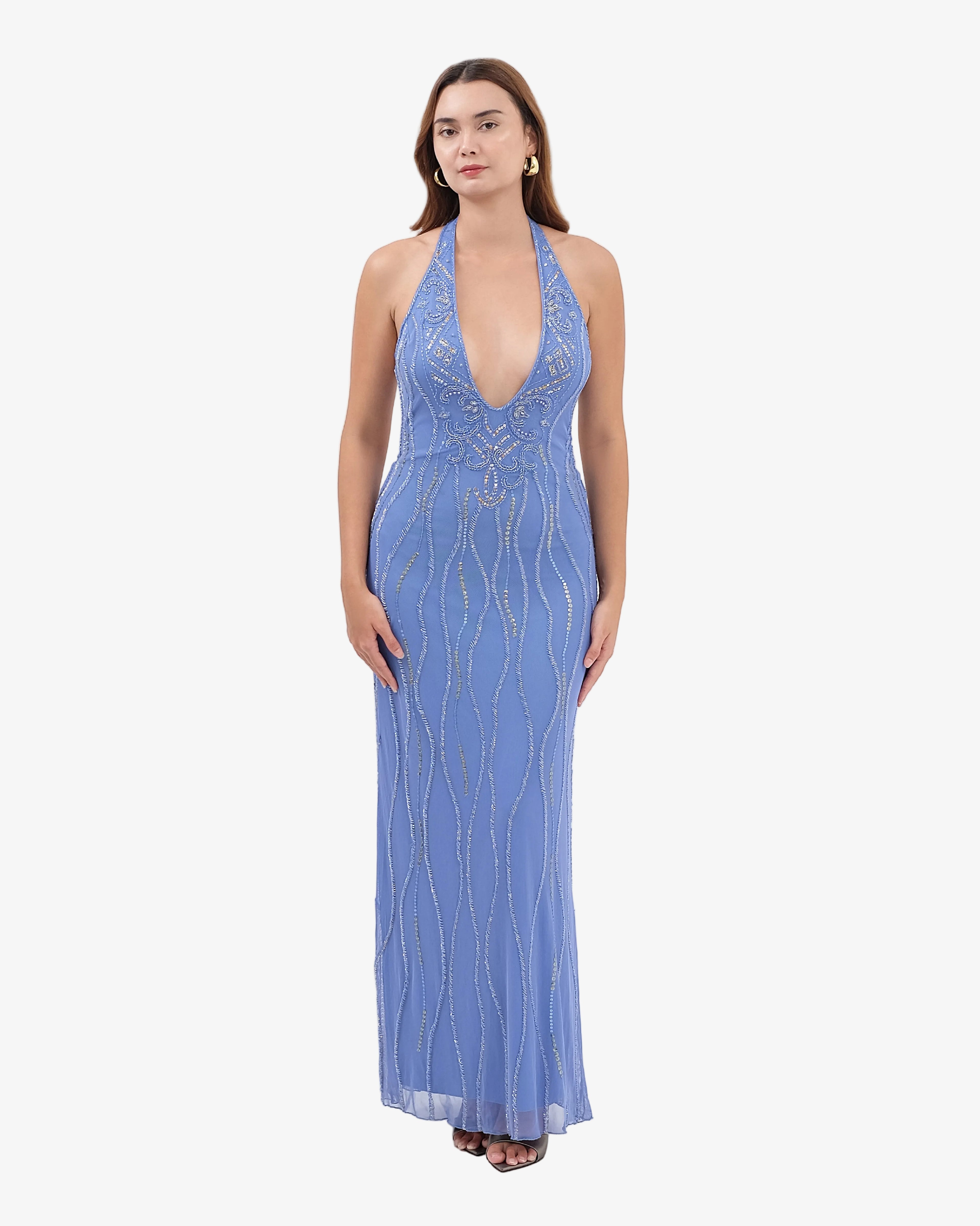 Caspian Deep-V Halter Beaded Maxi Dress – Sapphire