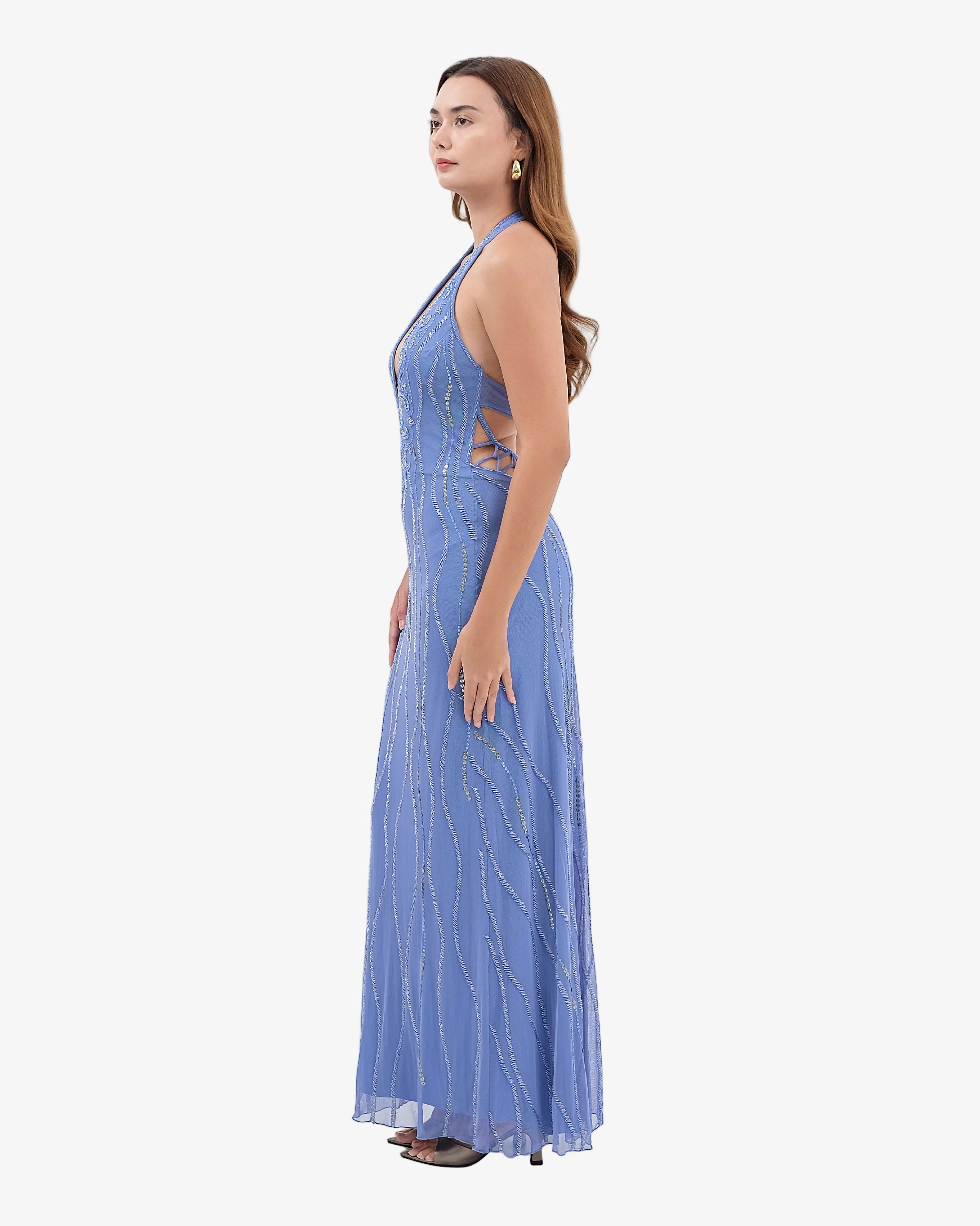 Caspian Deep-V Halter Beaded Maxi Dress – Sapphire