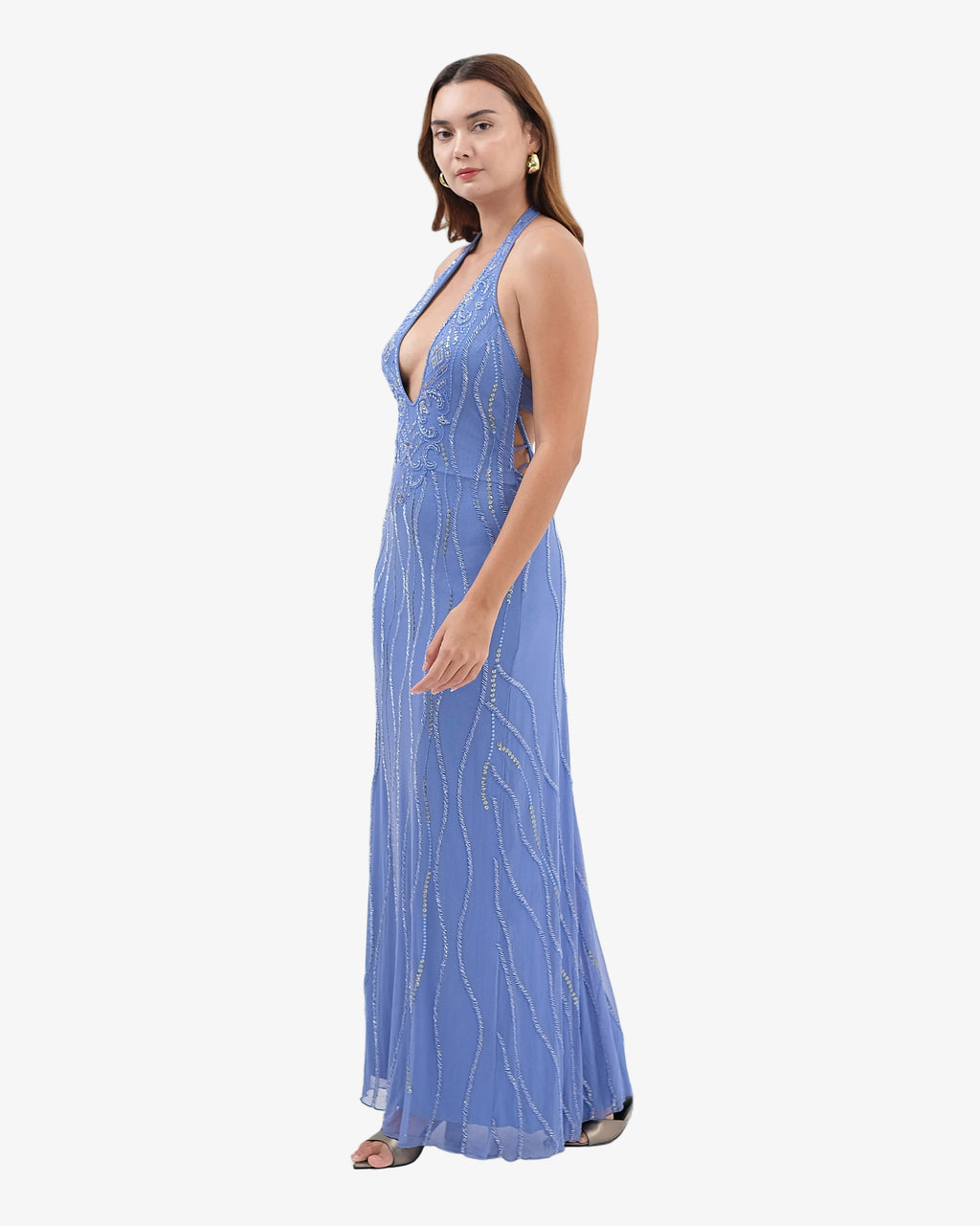 Caspian Deep-V Halter Beaded Maxi Dress – Sapphire