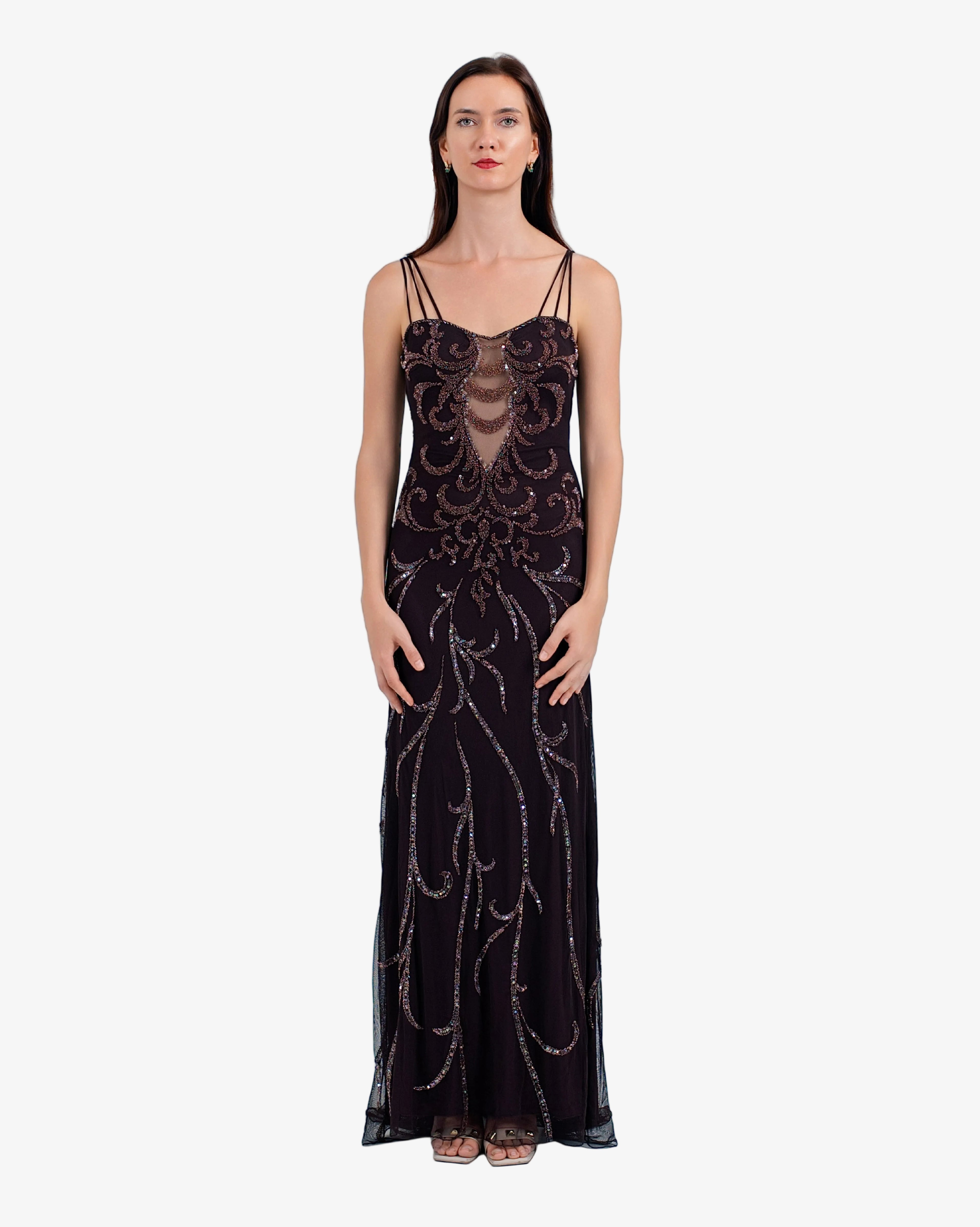 Nouveau Beaded Sequin Maxi Dress – Dark Brown