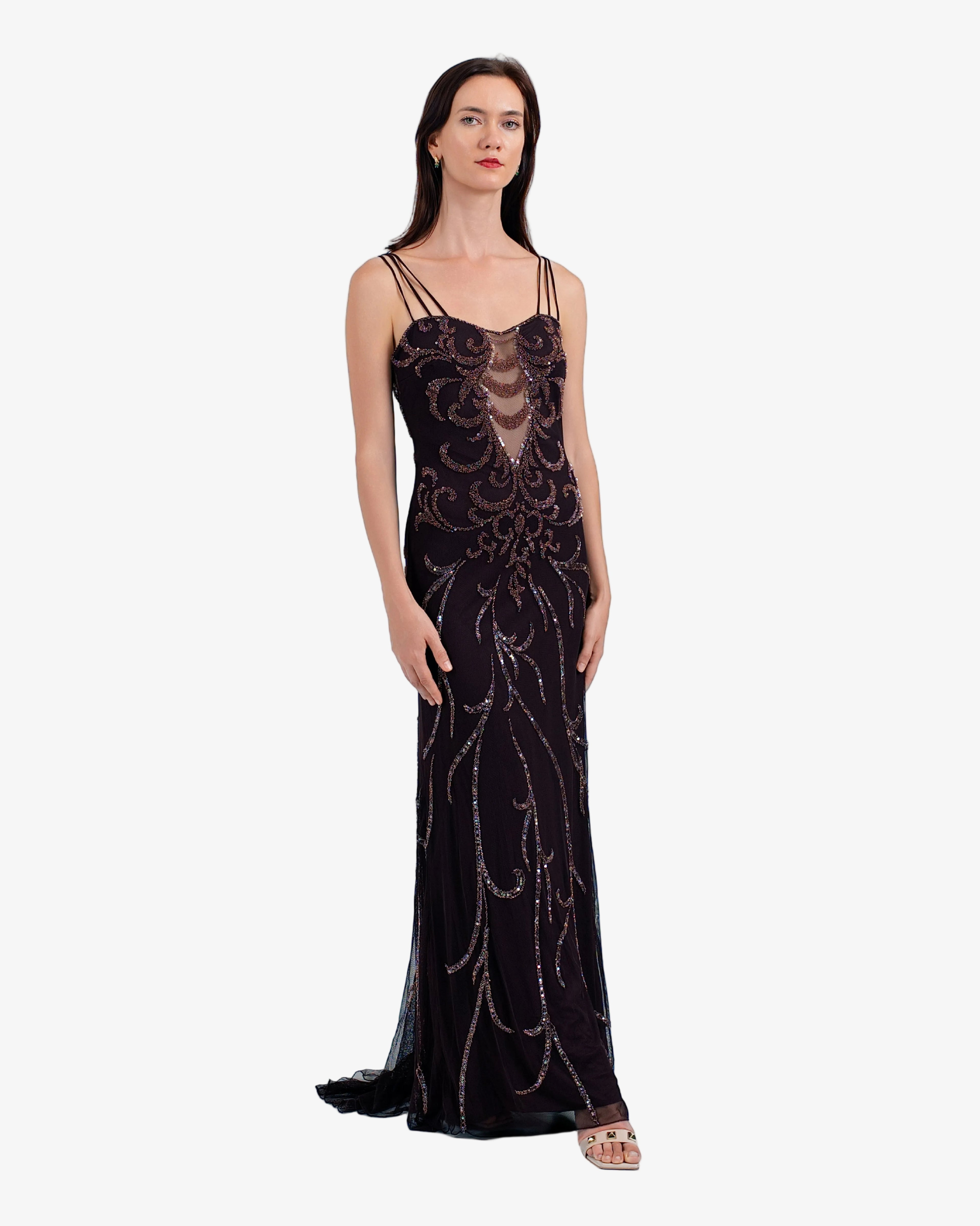 Nouveau Beaded Sequin Maxi Dress – Dark Brown