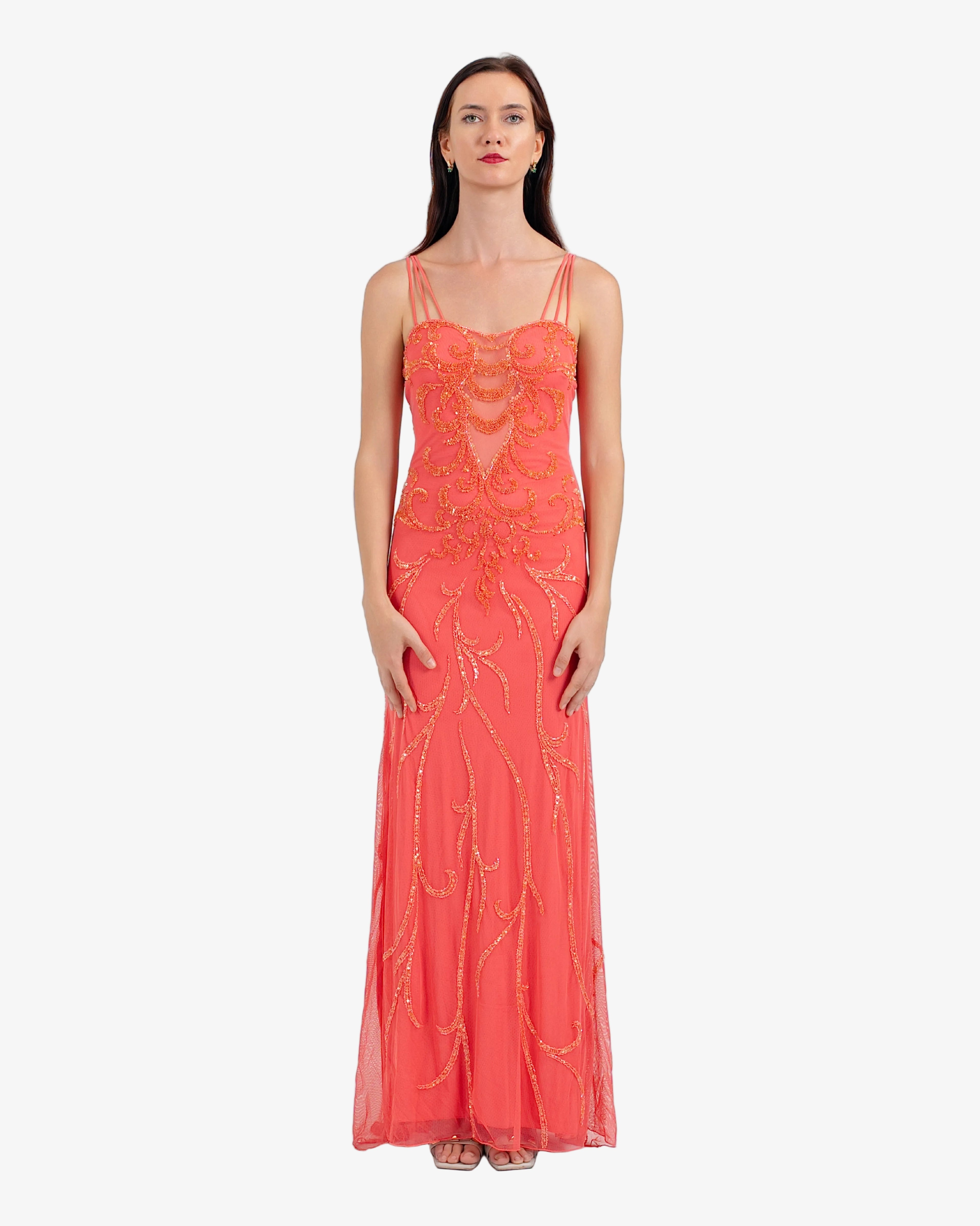 Nouveau Beaded Sequin Maxi Dress – Coral