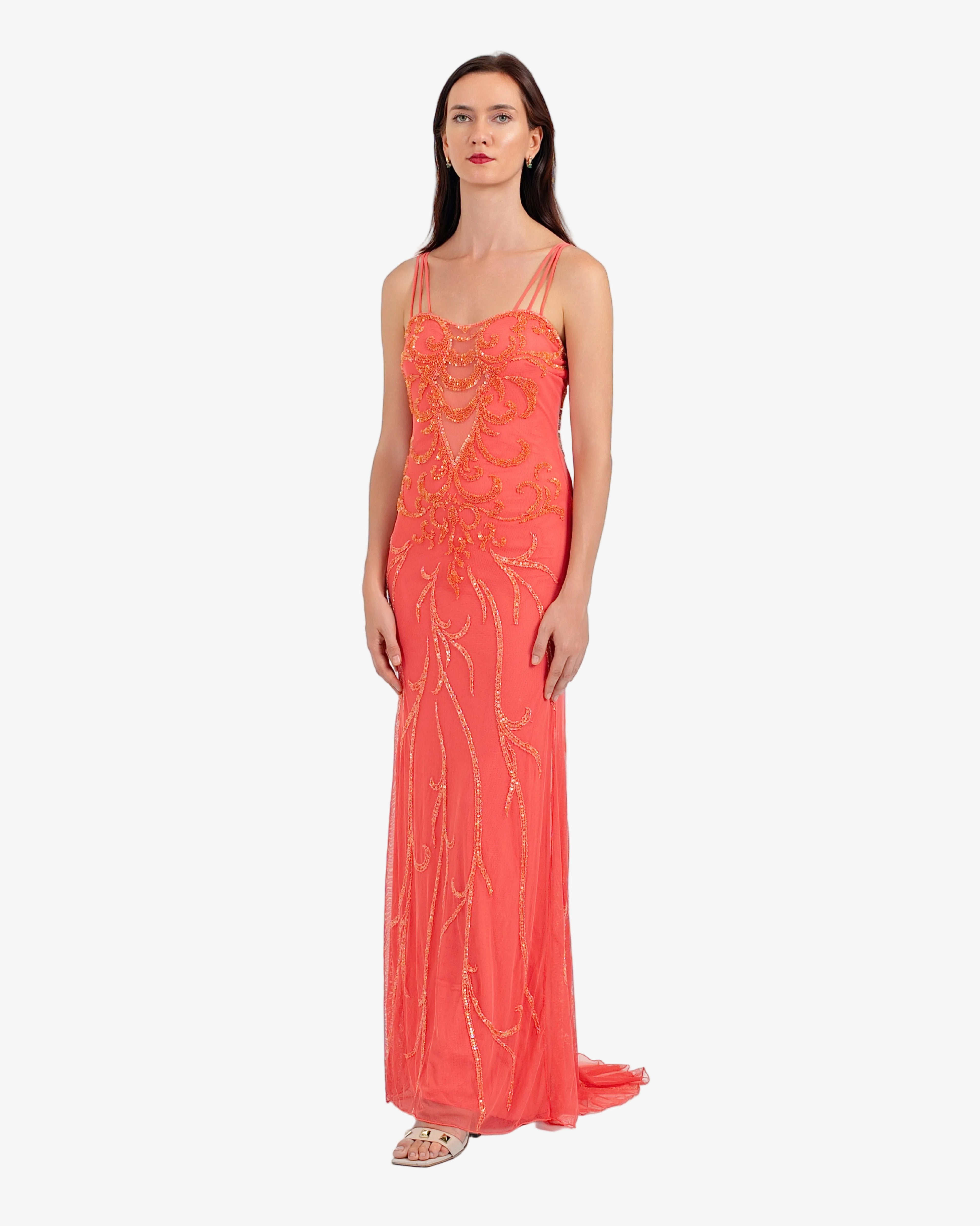 Nouveau Beaded Sequin Maxi Dress – Coral