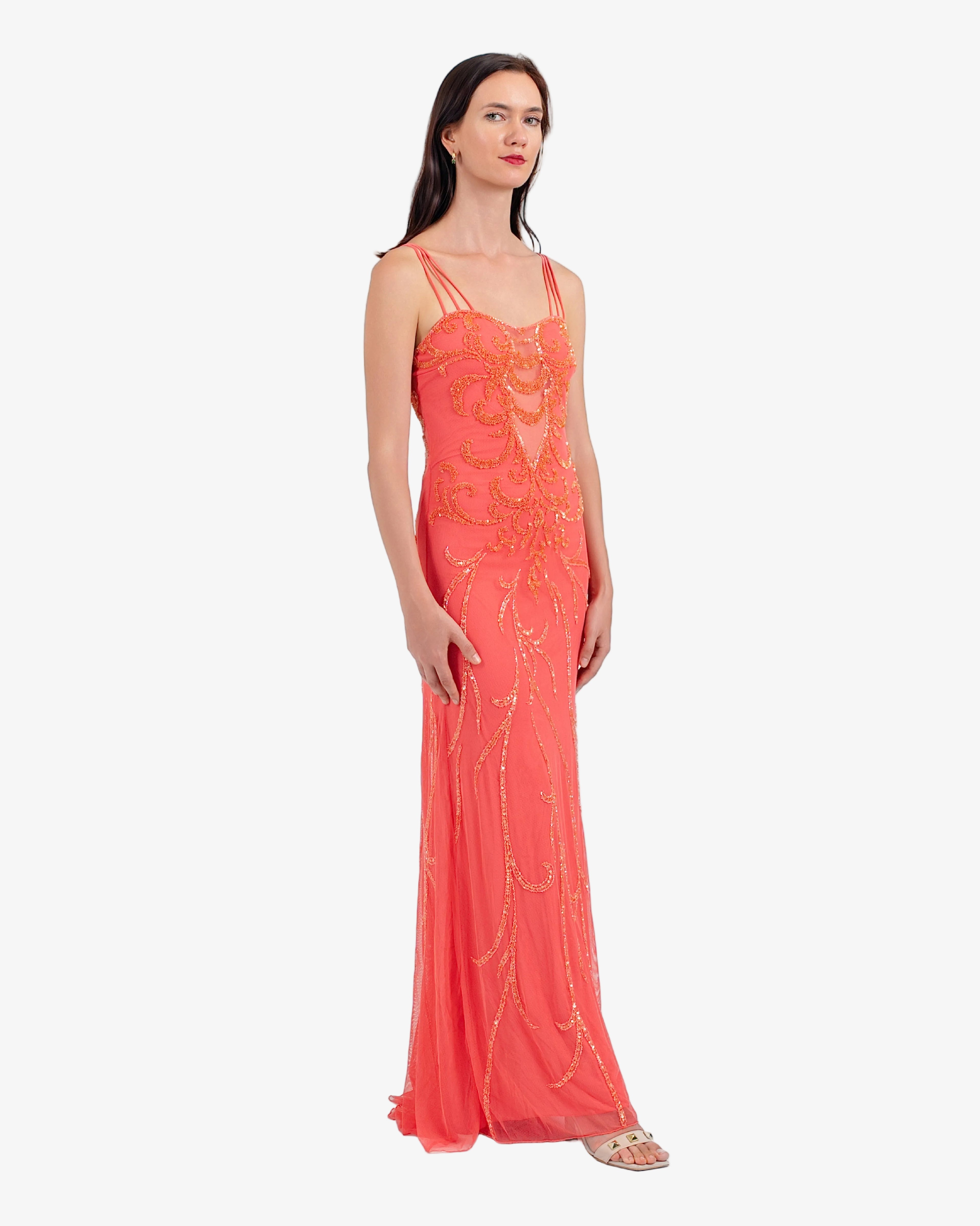 Nouveau Beaded Sequin Maxi Dress – Coral