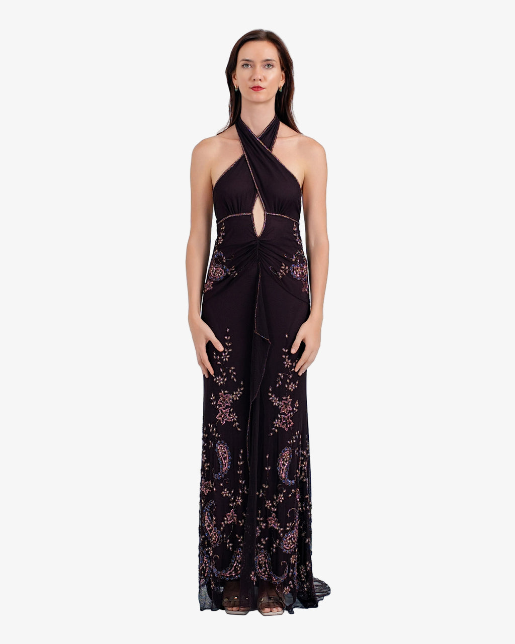 Riviera Beaded Halter Maxi Dress – Dark Brown