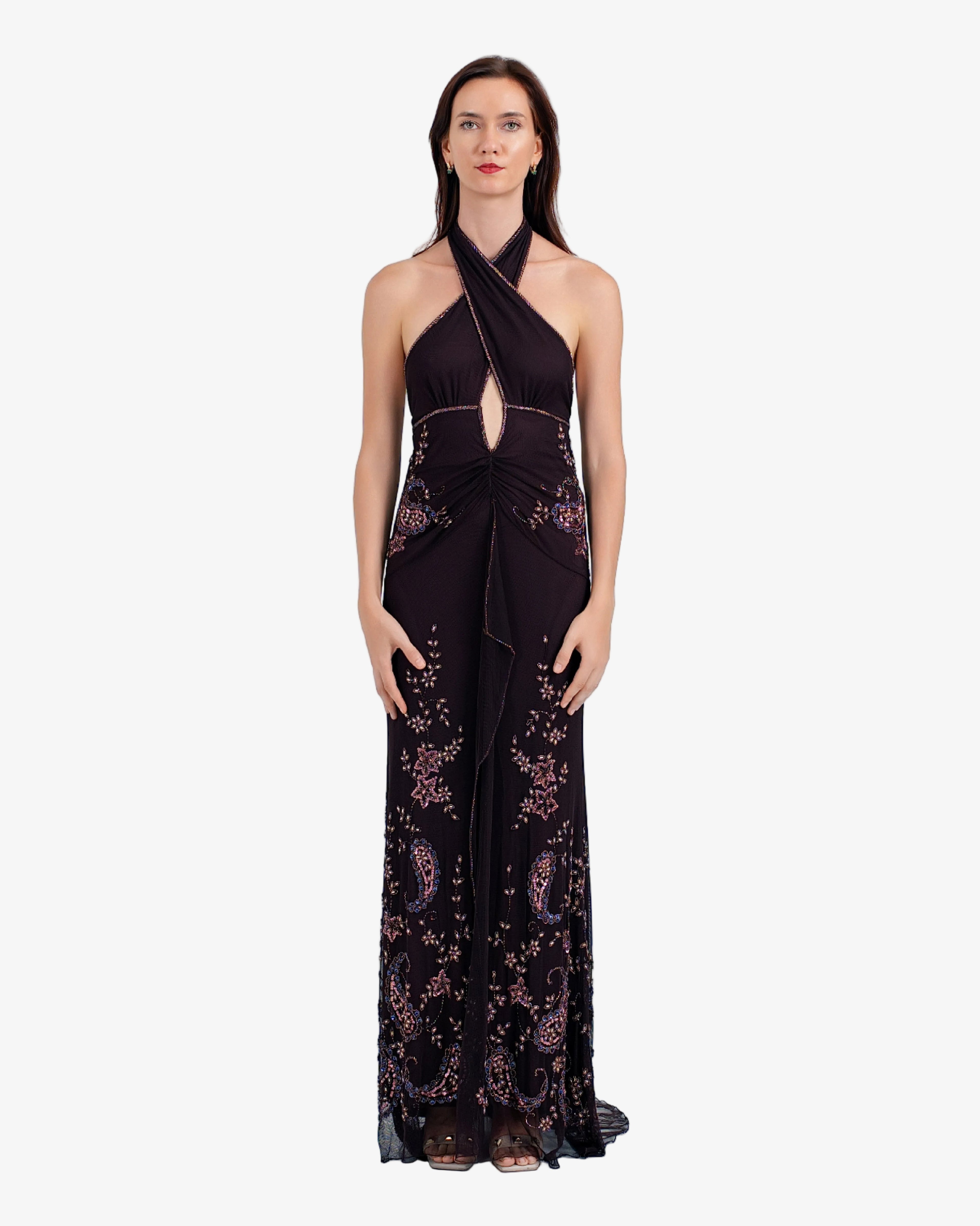 Riviera Beaded Halter Maxi Dress – Dark Brown