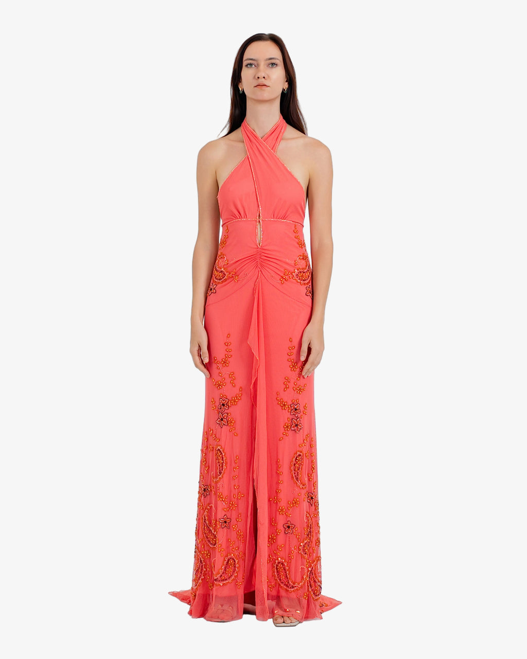 Riviera Beaded Halter Maxi Dress – Coral